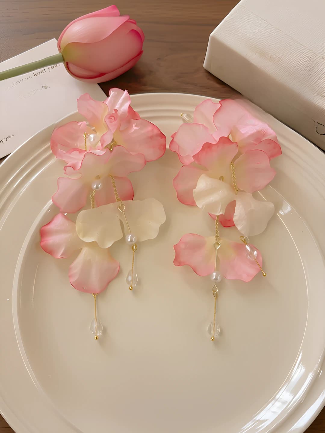 Pink flower tassel earrings-9.5CM