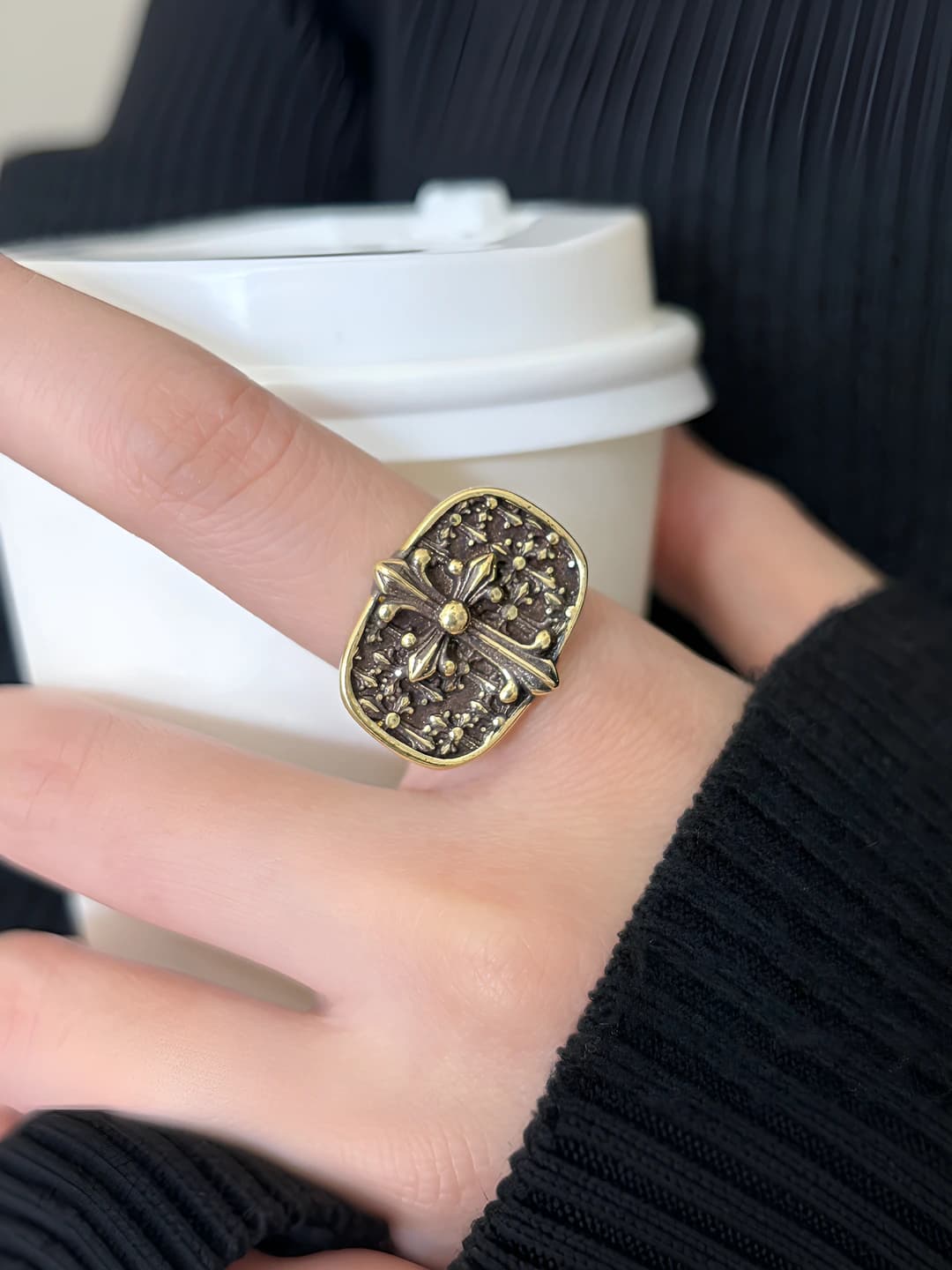 Women's silver ring in retro style with geometric shape and open band