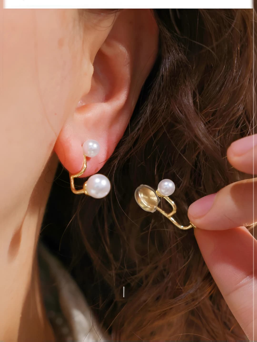 Women's Korean style double pearl ear clip earrings, 7-8 mm, U-shaped, geometric design element, sweet style