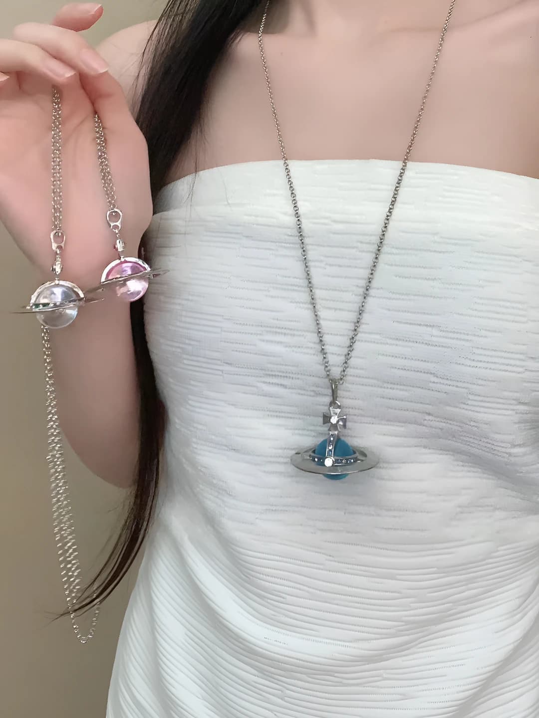 Ayollar uchun Saturn kulonli uzun zanjirli sviter zanjiri, suv diamantli, 3D uchuvchi paltolar, oson uslubdagi moda aksessuar