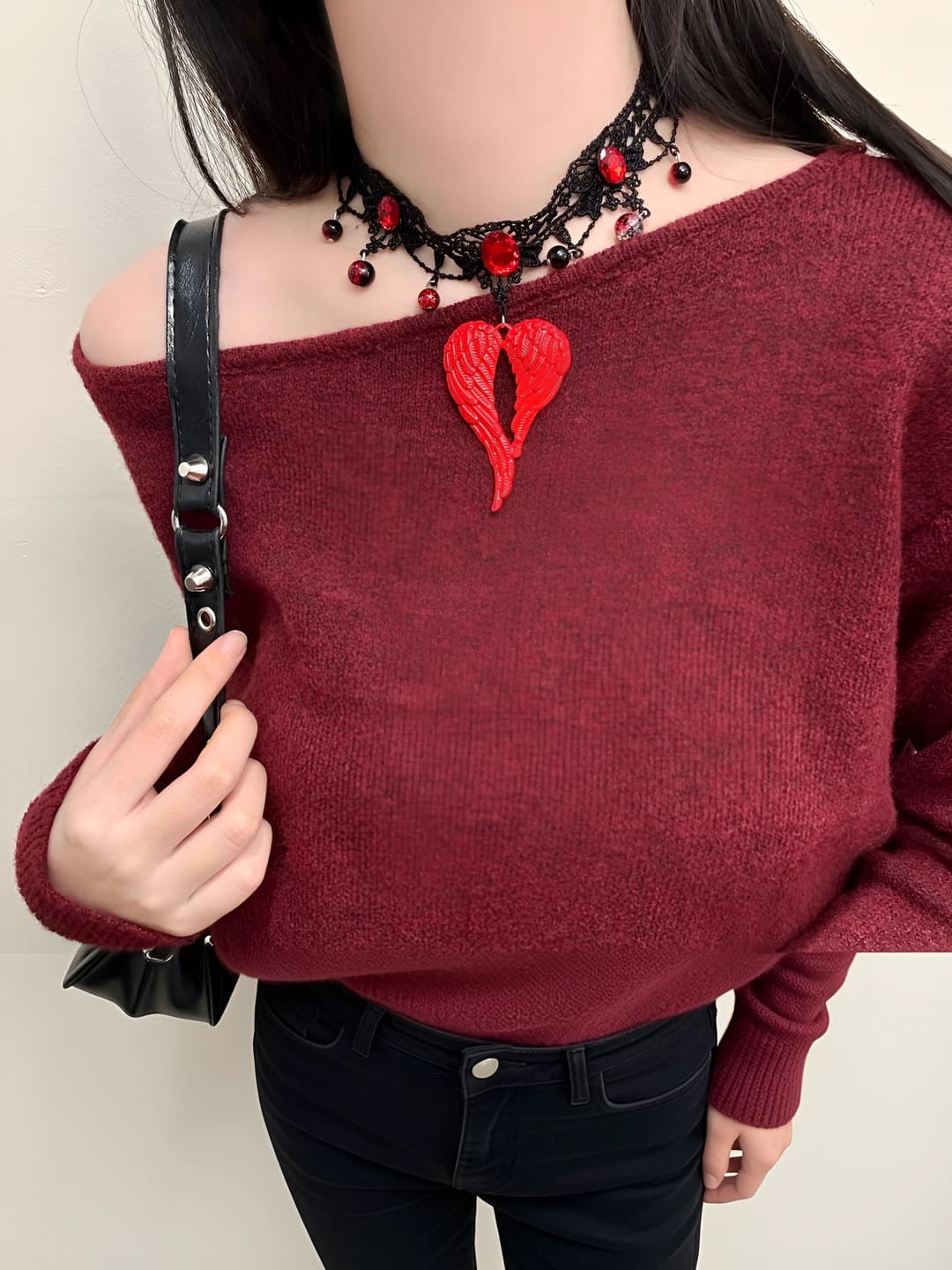 Women's dark style lace choker necklace with winged heart pendant