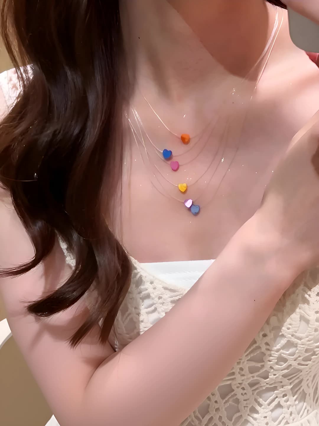 Women's layered heart pendant necklace: colorful shells, stretch cord, summer, fresh style