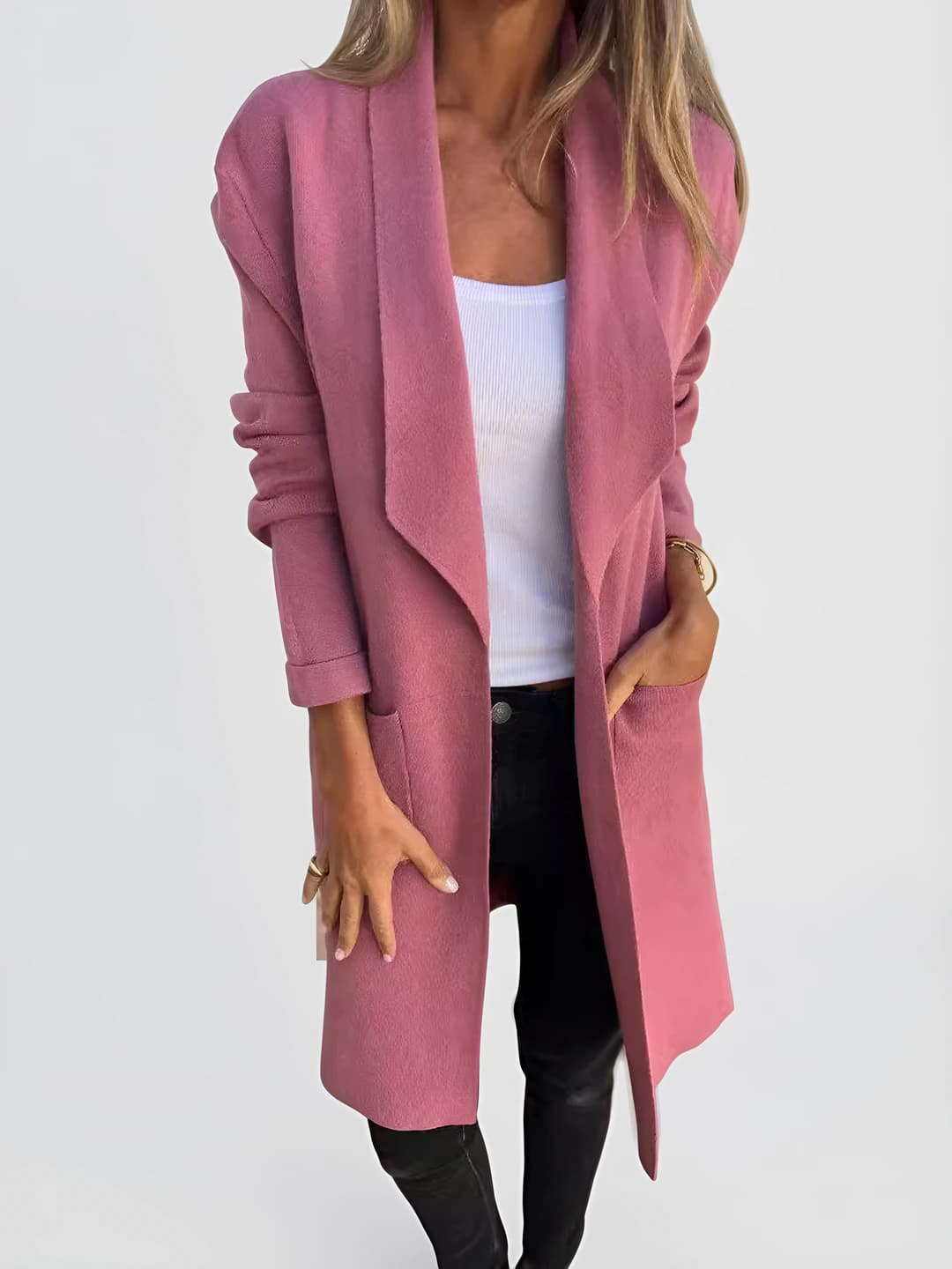 Women's mid-length knit cardigan for autumn-winter 2026 with lapel collar, thin, slim fit, long sleeve, solid color