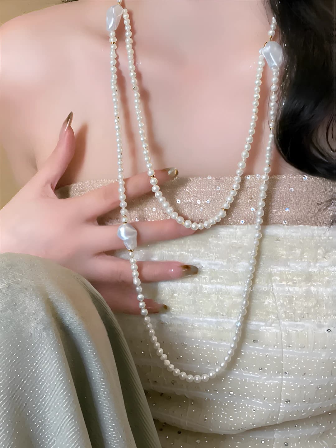 Women's beaded necklaces: double-layered, geometric shape, made of imitation pearls, over 81 cm long, light luxury style, sweater chain