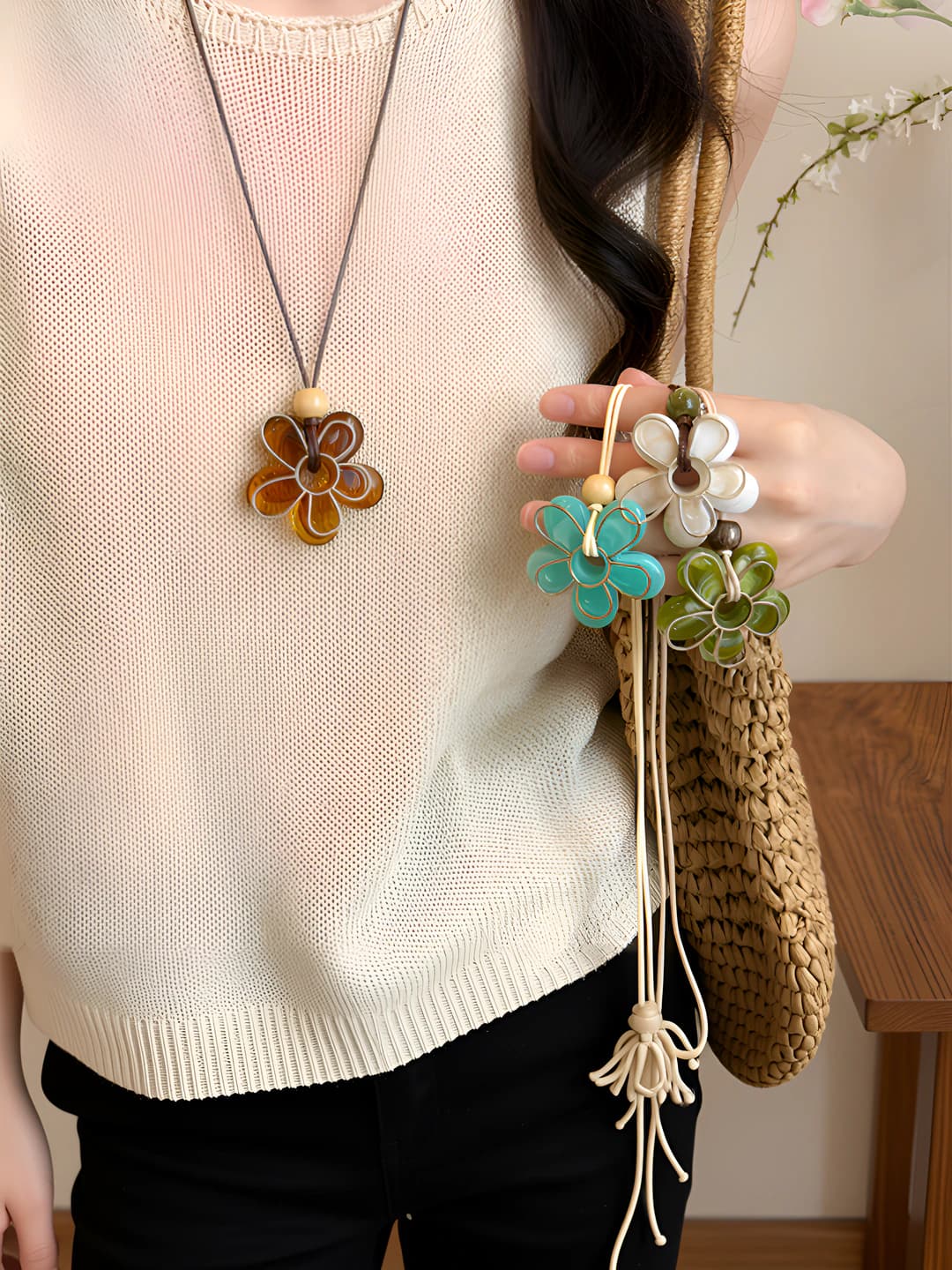 Women's flower pendant necklace, plastic/resin material, handmade beading, leather cord chain, 71-80 cm, for daily wear