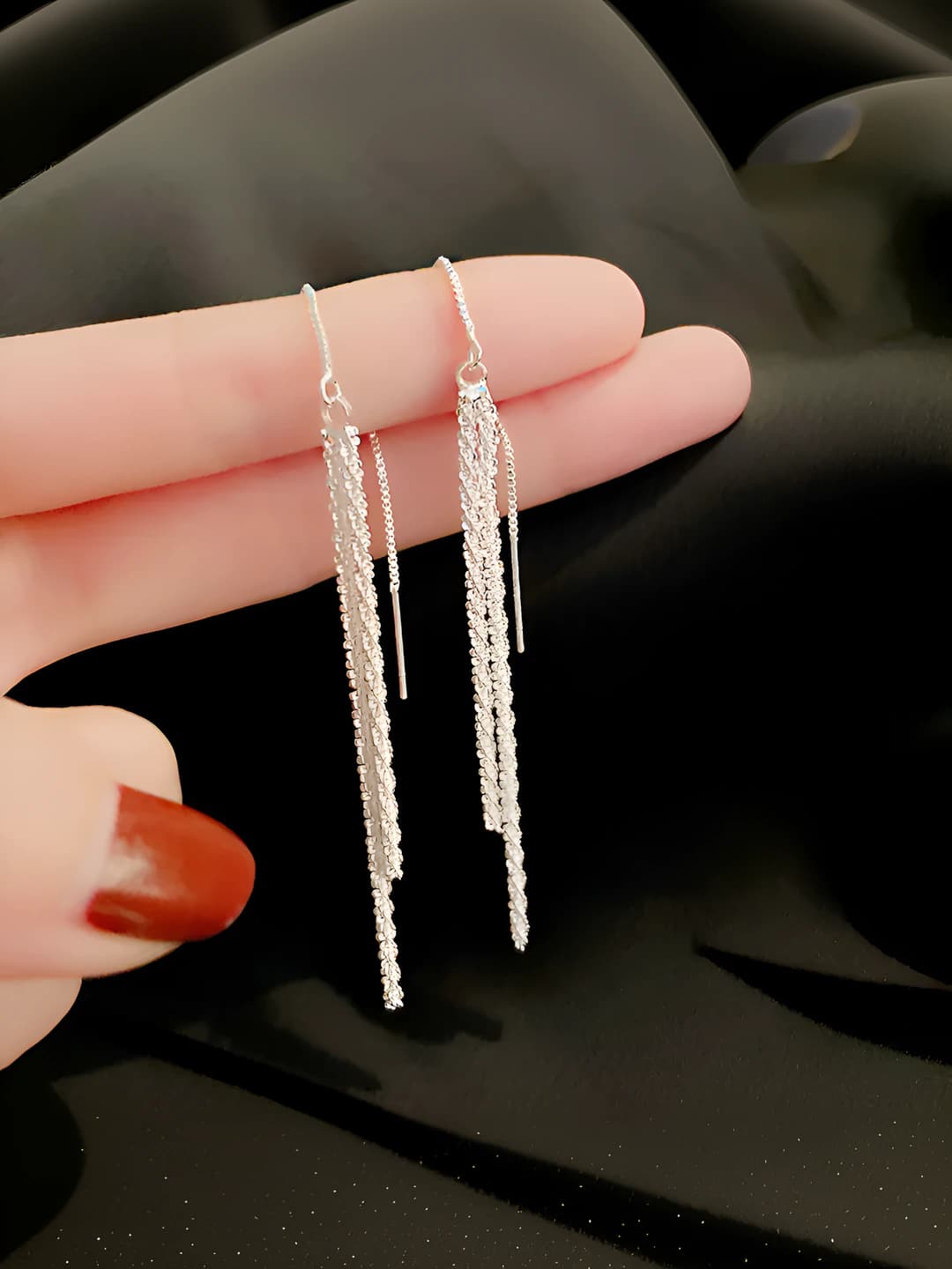 Women's long tassel chain earrings with 925 silver posts