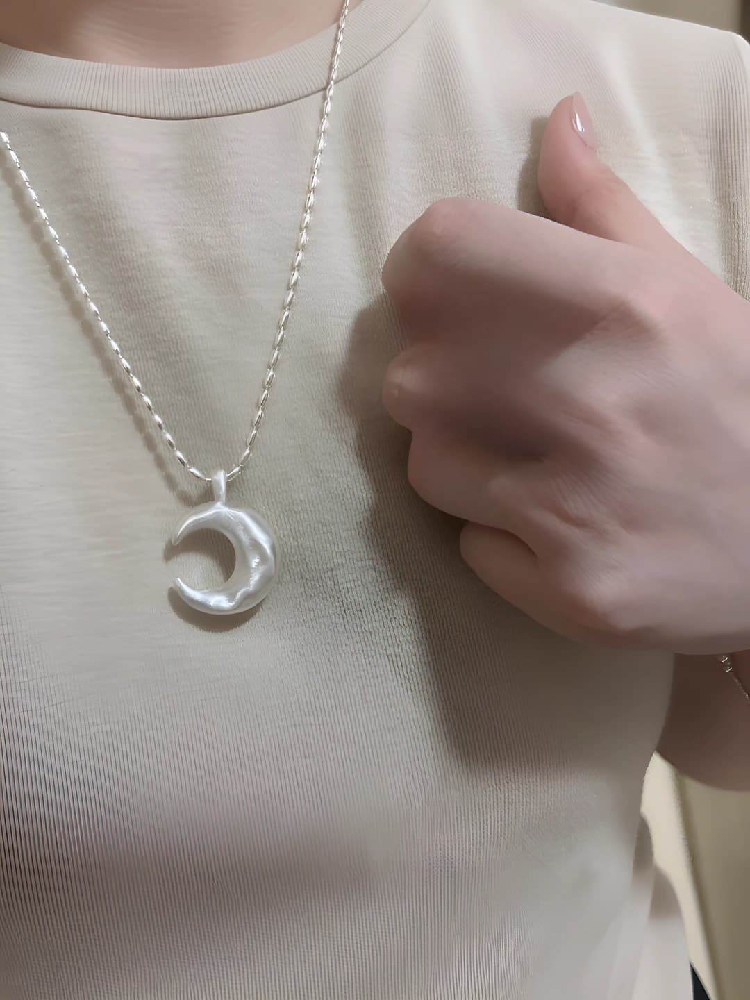 Women's long necklace and ring set: matte moon pendant and ring