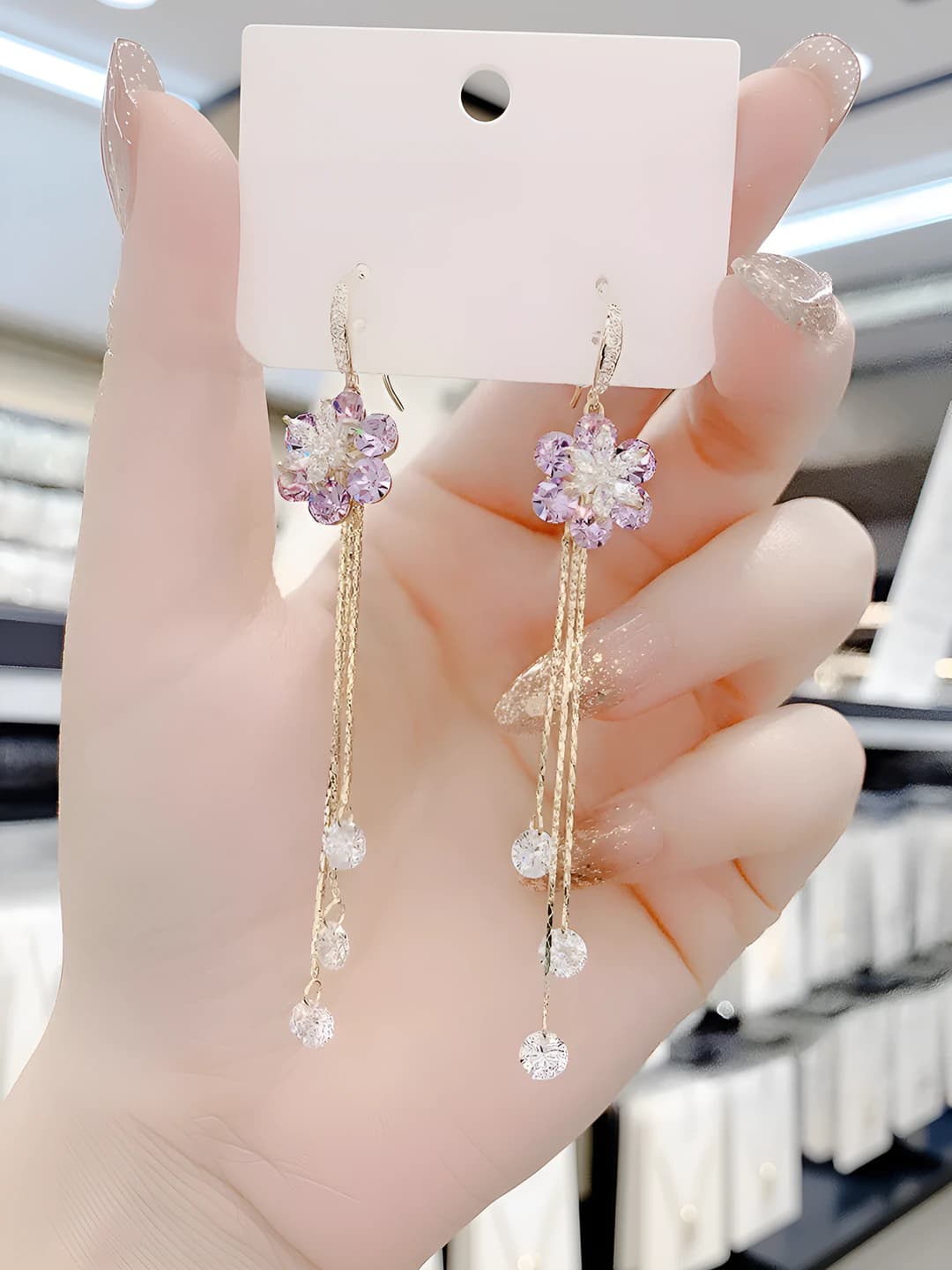 Purple, sparkling flower hoop earrings (219)