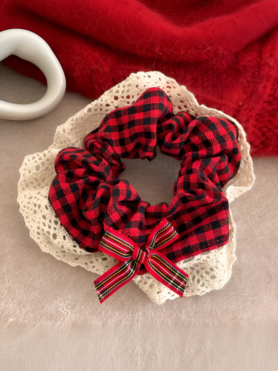 Red plaid, lace edge