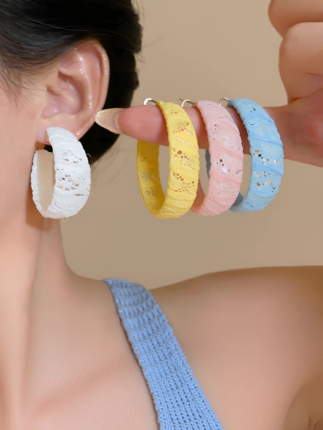 Women's lace-wrapped C-shaped hoop earrings with metal post, geometric design element, vacation style