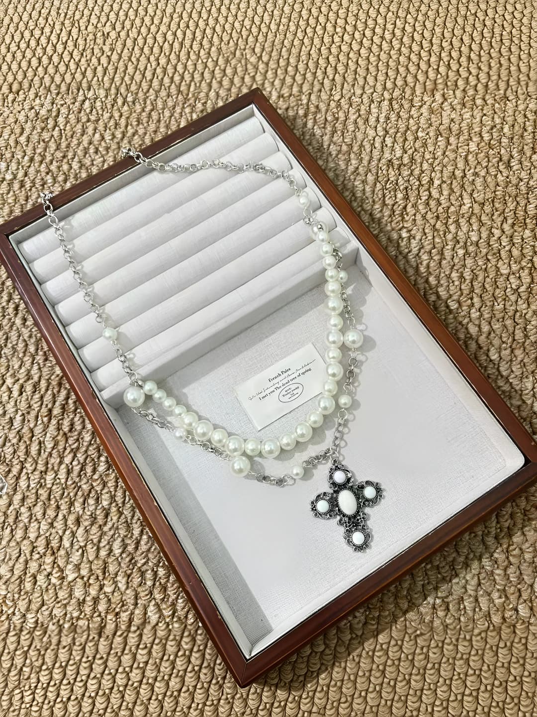 Double Layer Pearl Cross Necklace