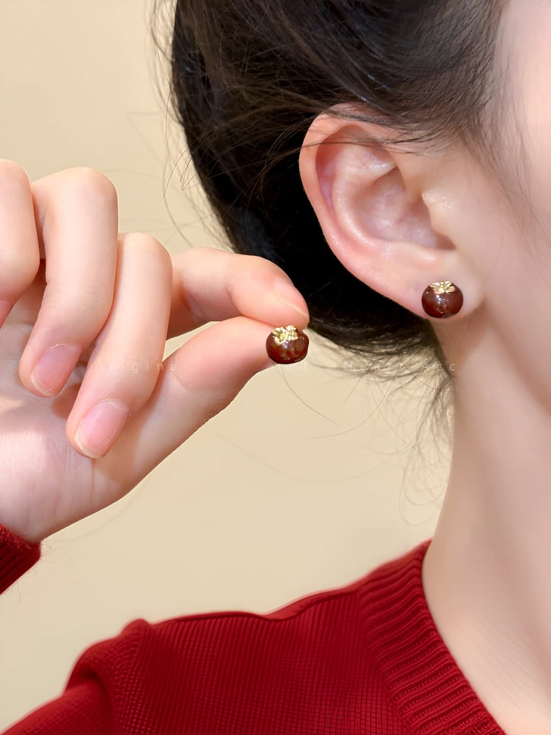 Women's red persimmon earrings, 2026 autumn-winter, silver 925, gold, design element: persimmon, style: luxury