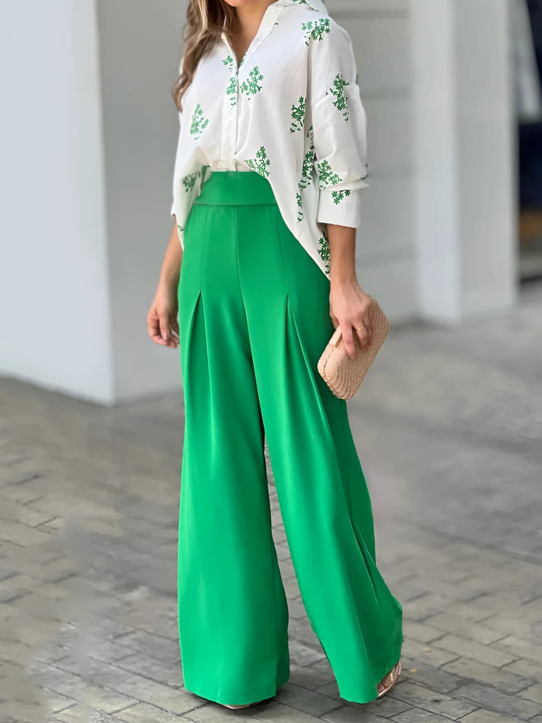White base green floral shirt + green wide-leg pants