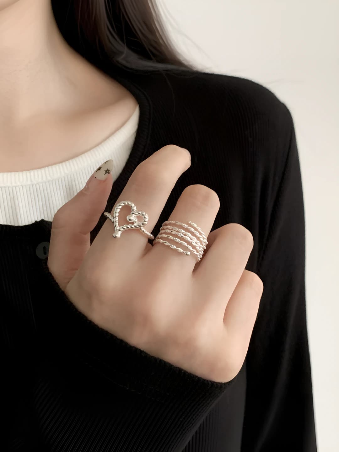 Women's cable knit ring, heart-shaped, geometric, cut-out, open band