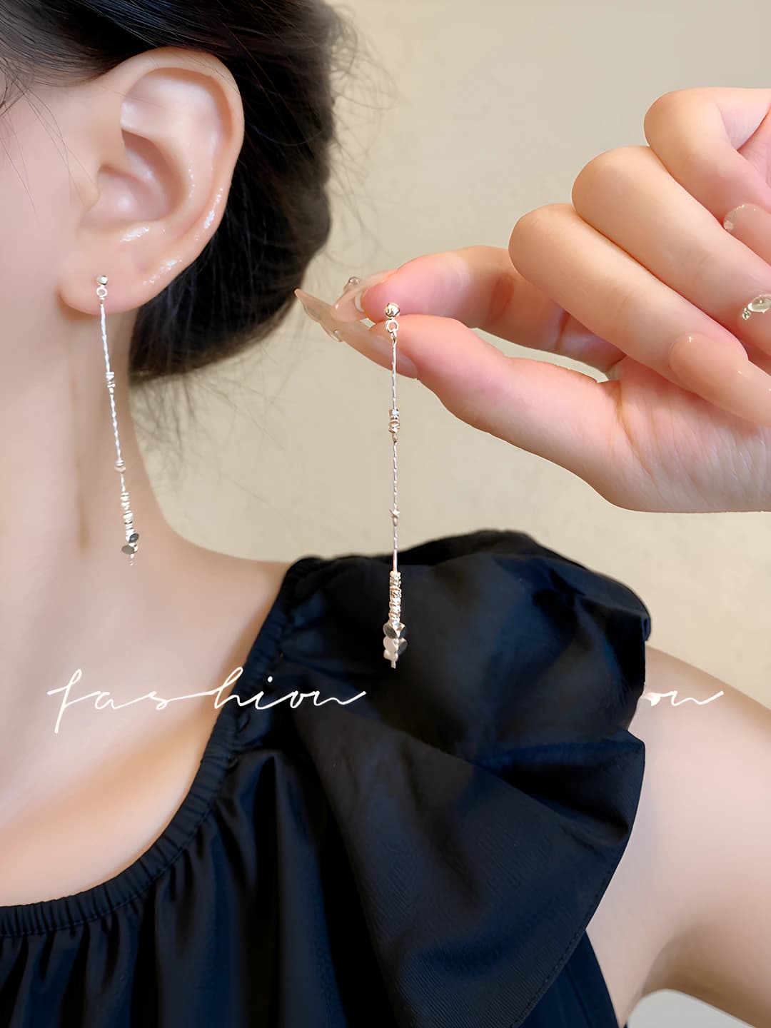 Women's long tassel earrings, new chinese style design element, geometric shape, copper material, silver pin