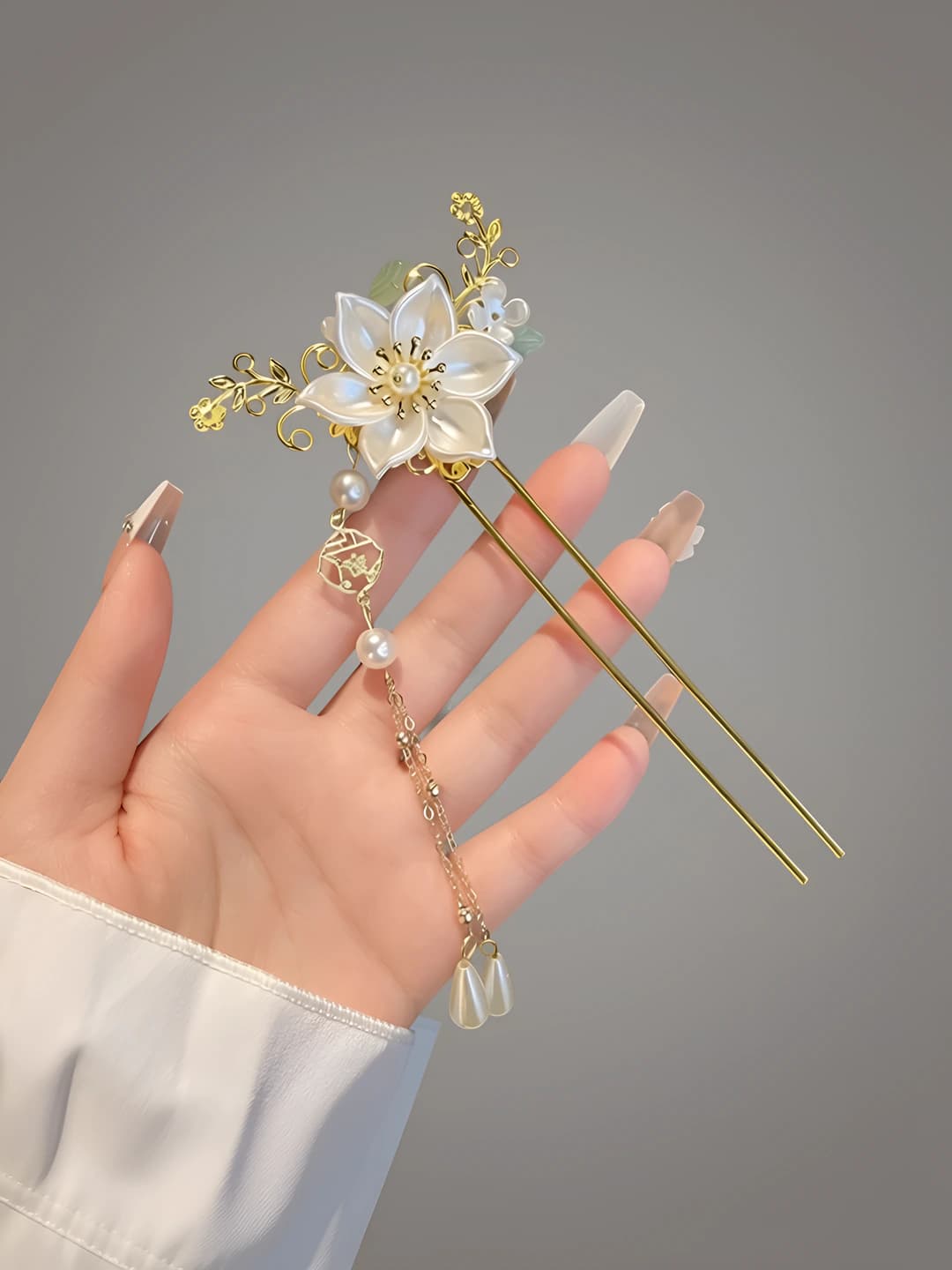 13# White lotus pearl flower gold hairpin tassel (bagged)
