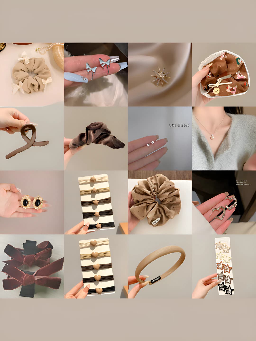 Women's hair accessory set: mixed clips, scrunchies and headbands, coffee tones, geometric design element, mixed materials, handmade