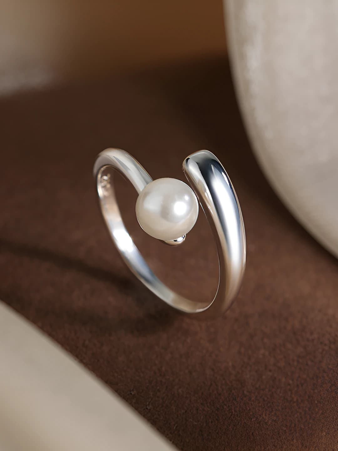 Women's French style pearl ring, light luxury, simple, individual, versatile, premium, plain, open, adjustable