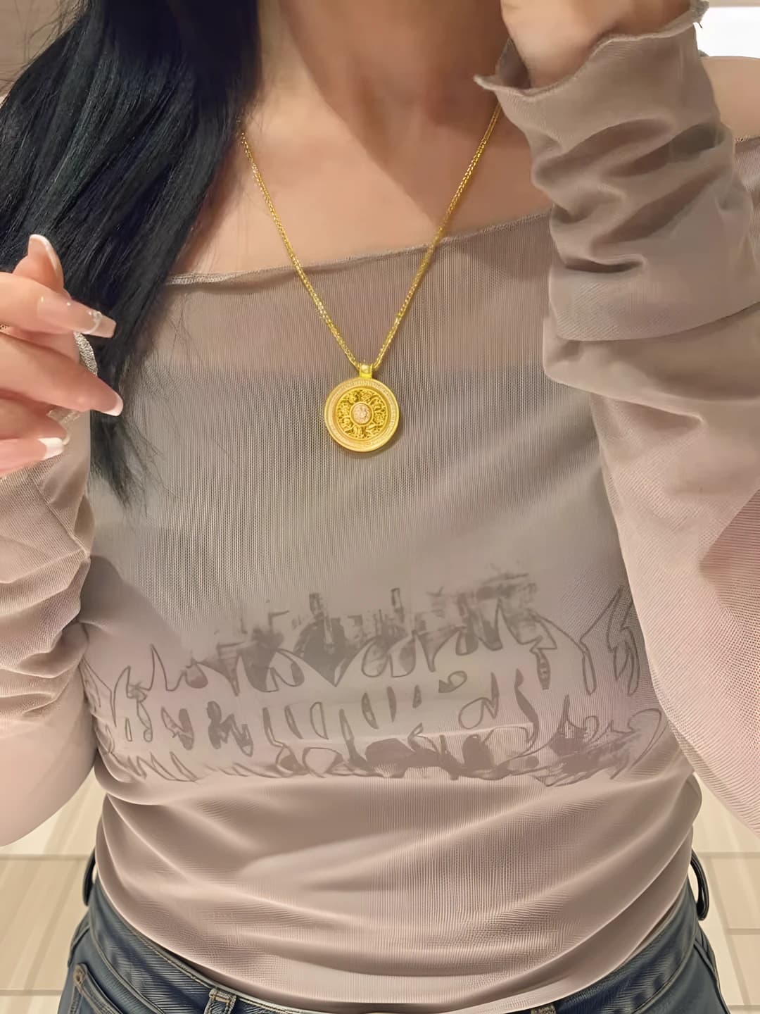 Women's retro pendant necklace, bronze with zirconia, geometric shape, wave chain, 41-50 cm