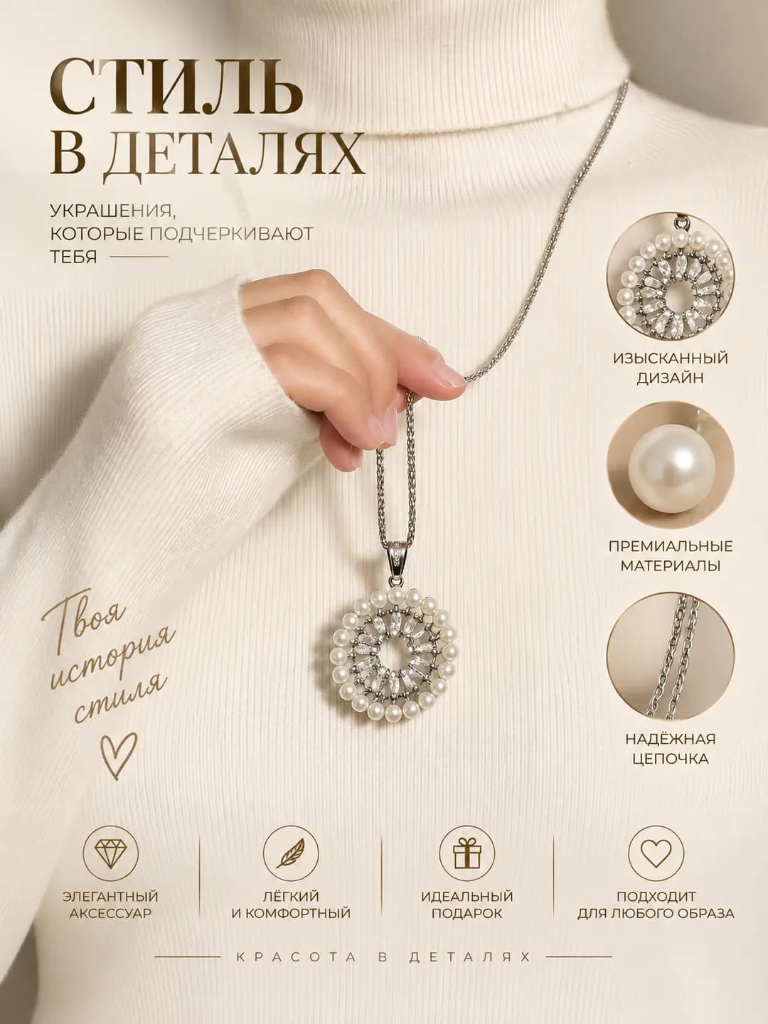 Women's long pendant necklace, Korean style, pearl and rhinestone, metal pendant, sweater chain