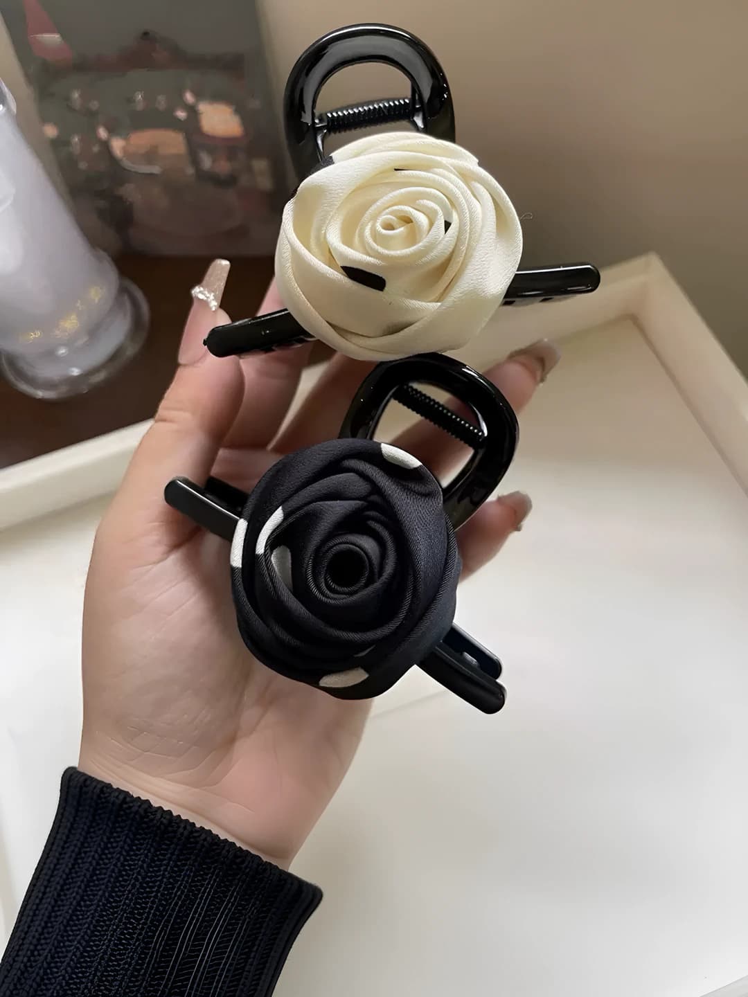 Women's hair clips and combs: satin rose, 2026, handmade, polka dot pattern, natural style, fresh and sweet, design elements: roses, flowers, camellia, claw clip