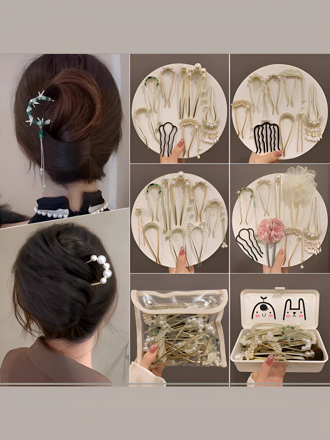 Women's hair accessory set: retro pearl hairpins and U-shaped combs