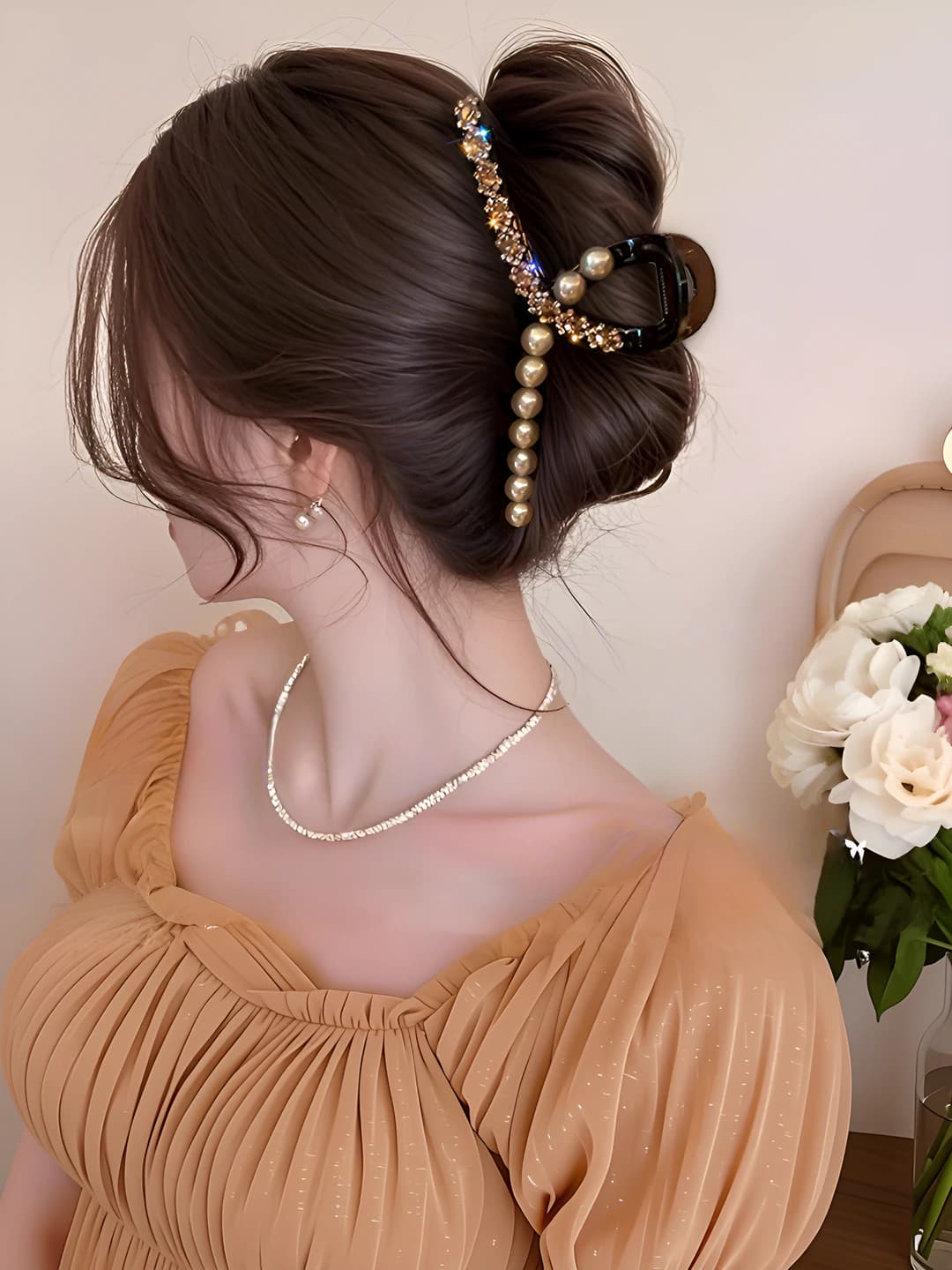 Champagne diamond pearl hair clip