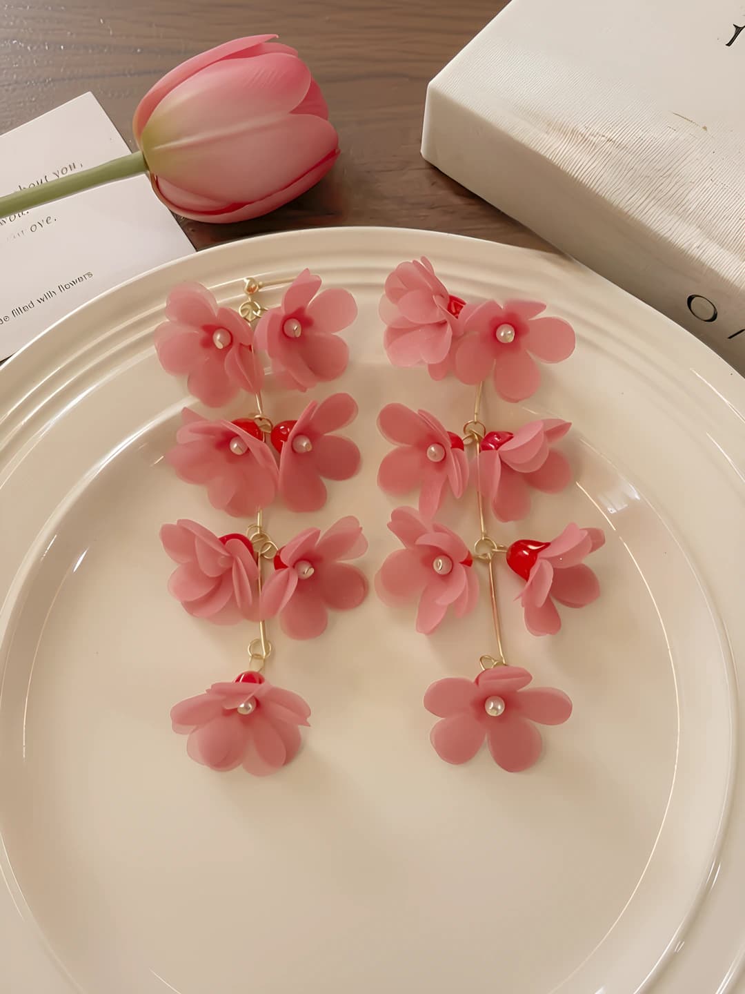 Rose red chiffon flower tassel earrings