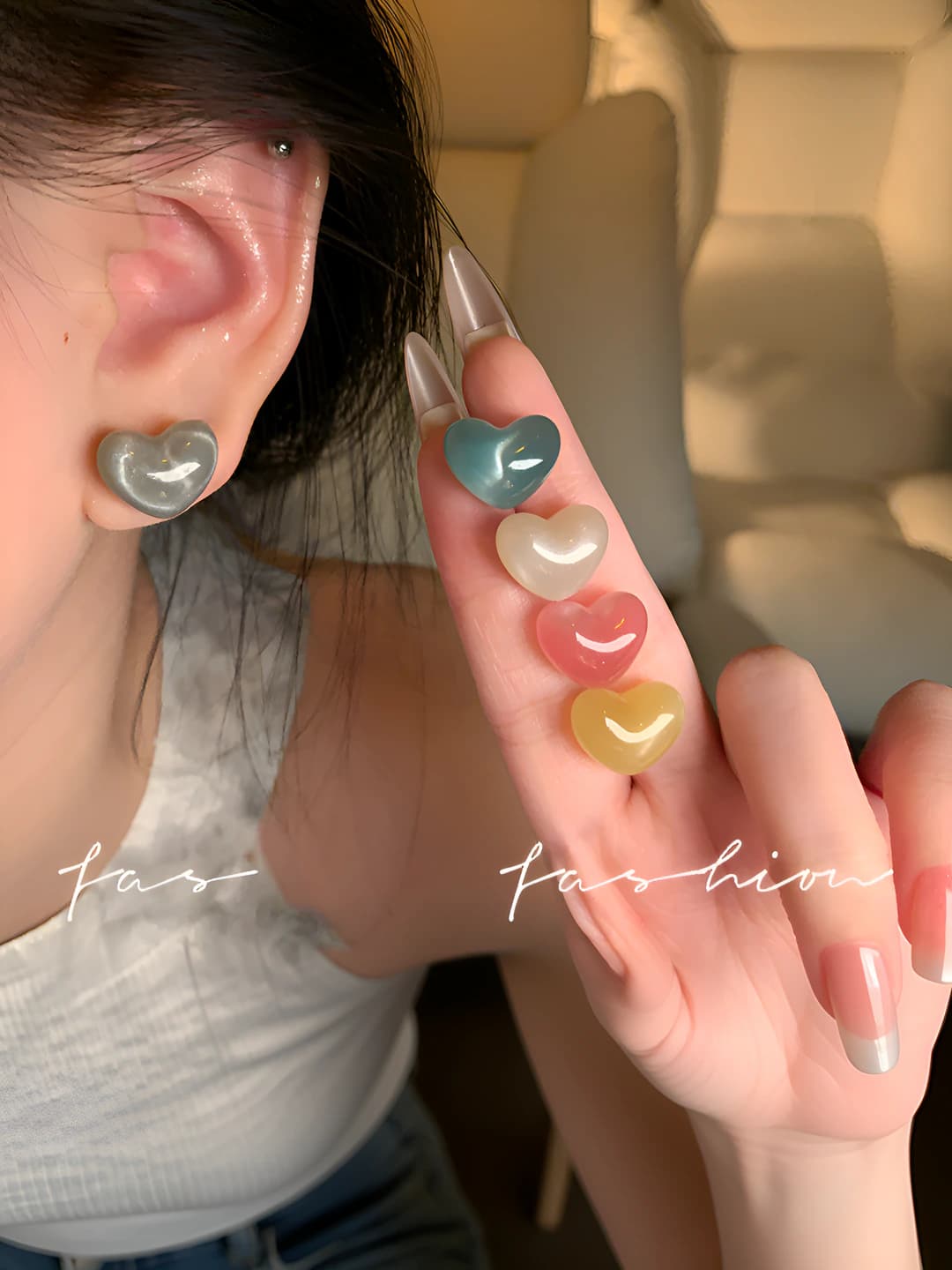 Women's heart-shaped stud earrings, plastic/resin, electroplating, cat's eye stone, individual style