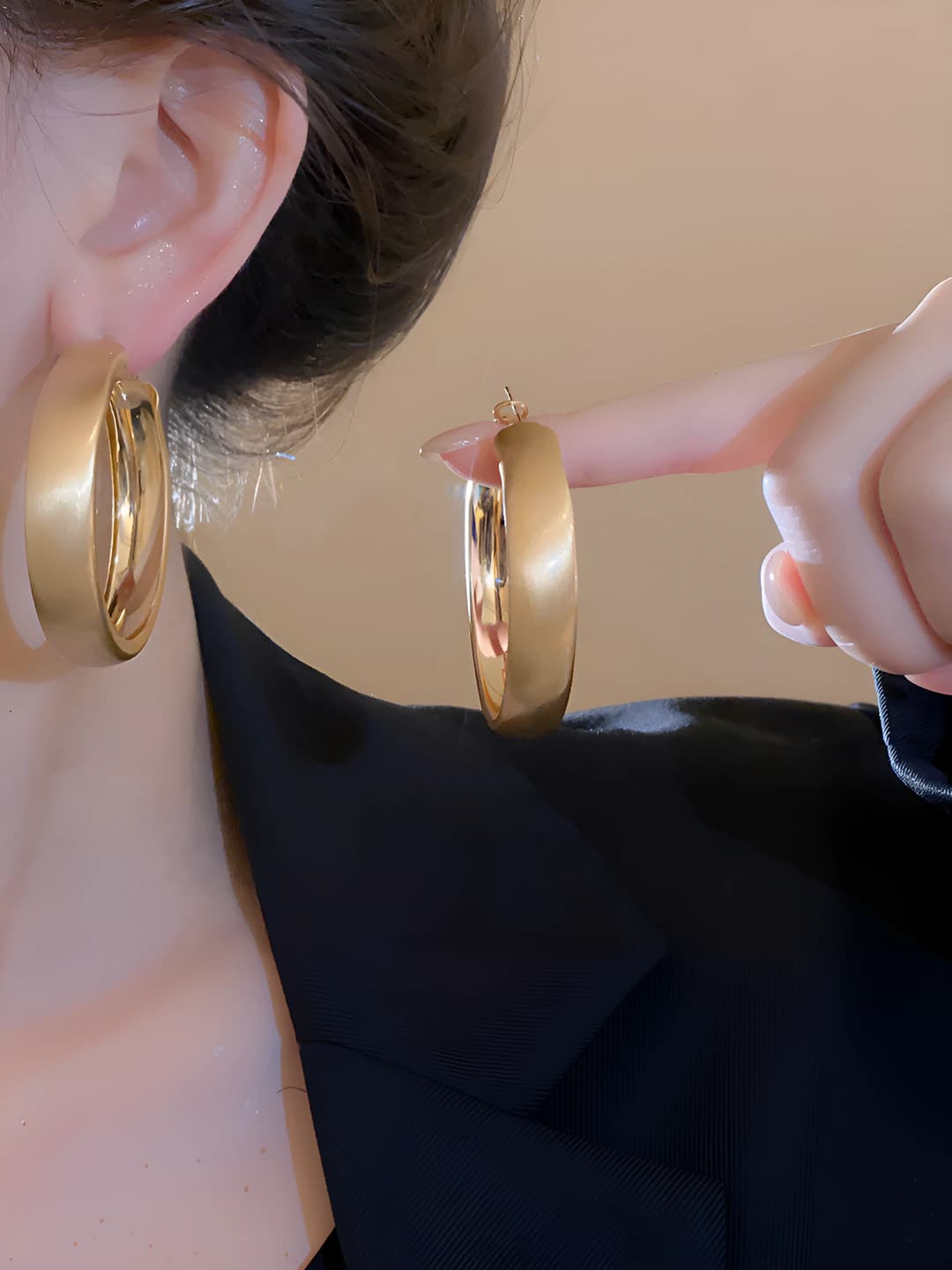 Women's large wide brushed gold hoop earrings, light luxury style, geometric design element