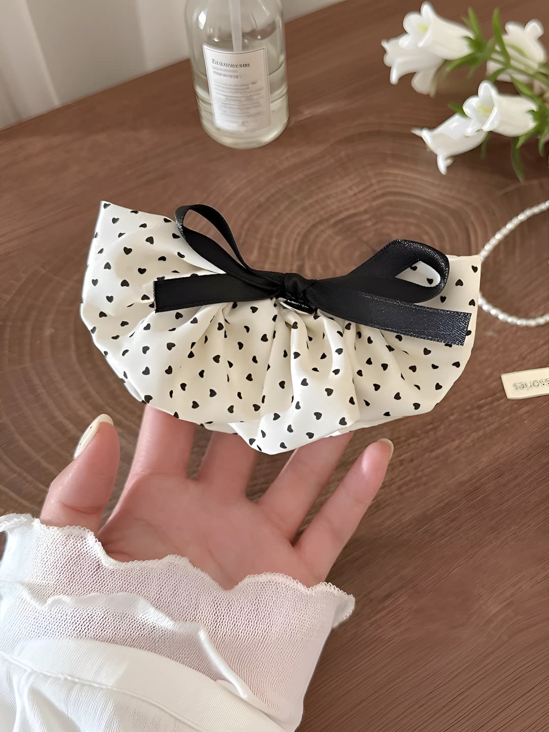 Beige heart polka dot banana clip, 1 pc