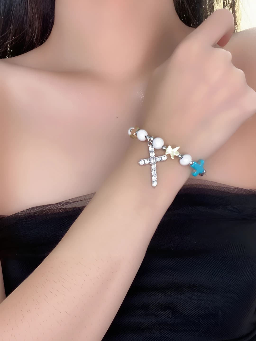 Women's titanium steel beaded cross bracelet with turquoise and rhinestones
