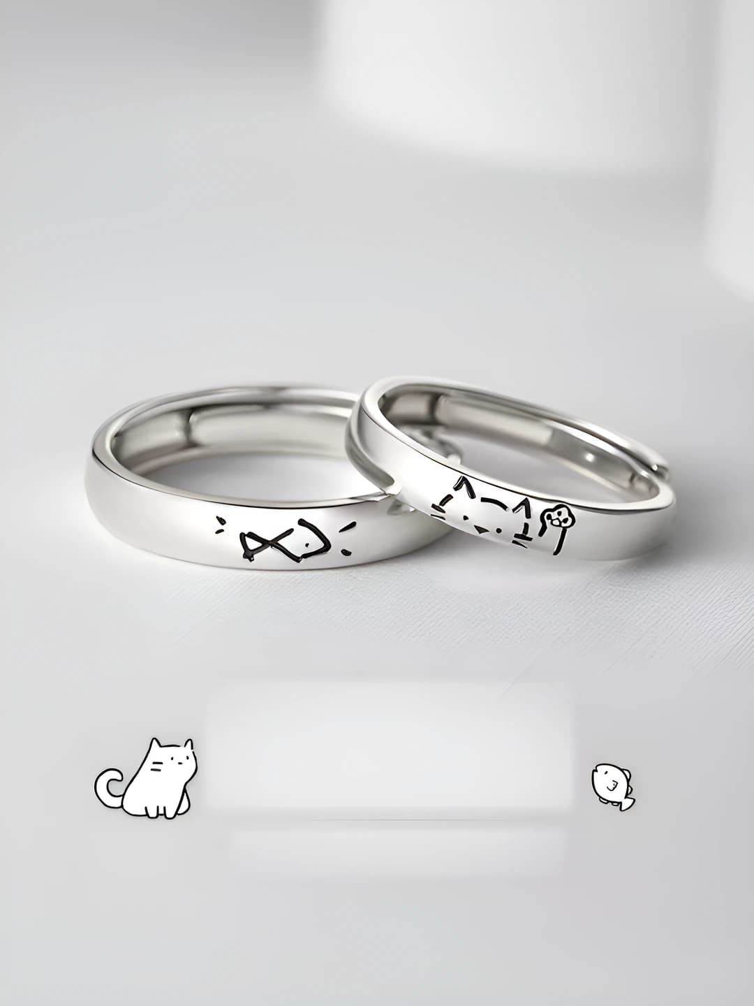 Women's couple pair rings: JK style, copper, black finish, cat and carp design element