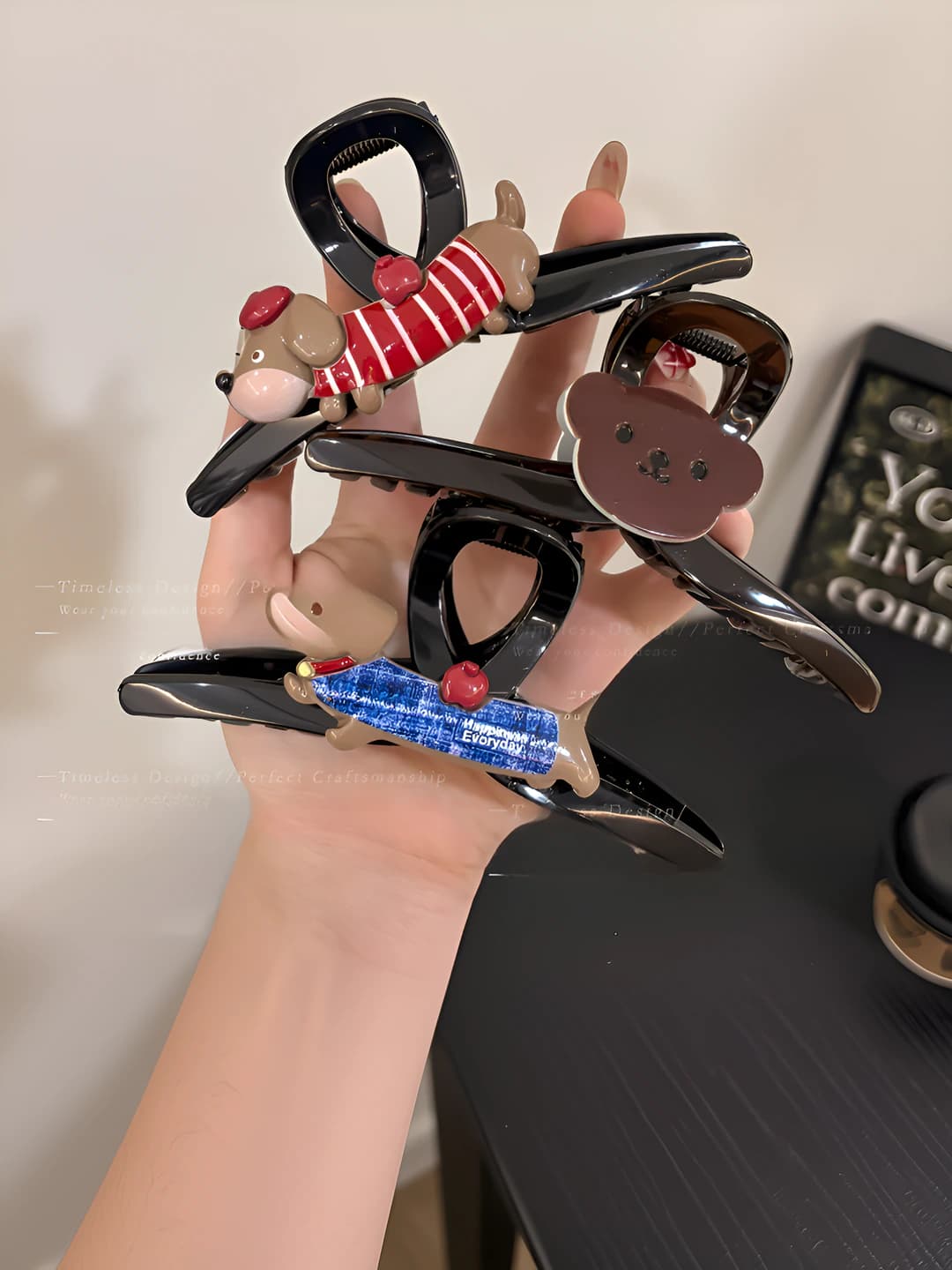 Women's hair clips and combs made of acrylic: handmade, minimalist style, design element with a bear
