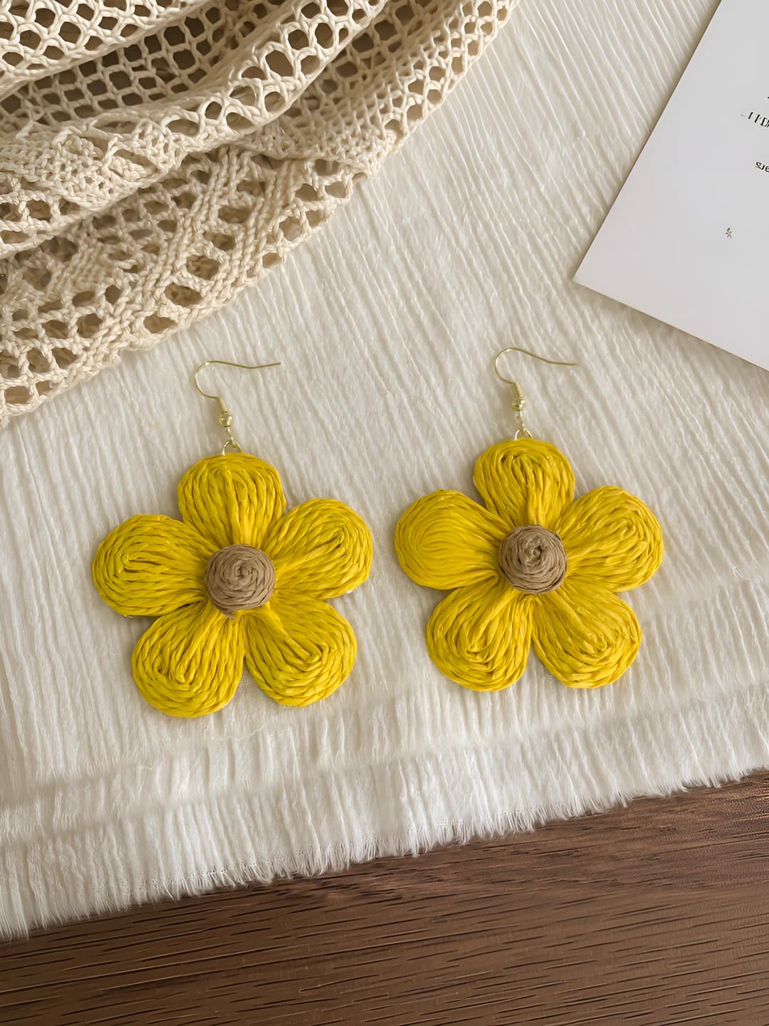 Yellow woven large flower hoop earrings