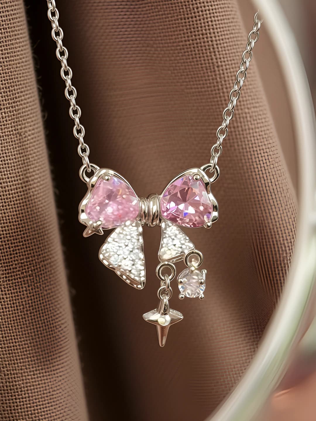 Women's necklace with bow and heart pendant, pink, natural style, design element
