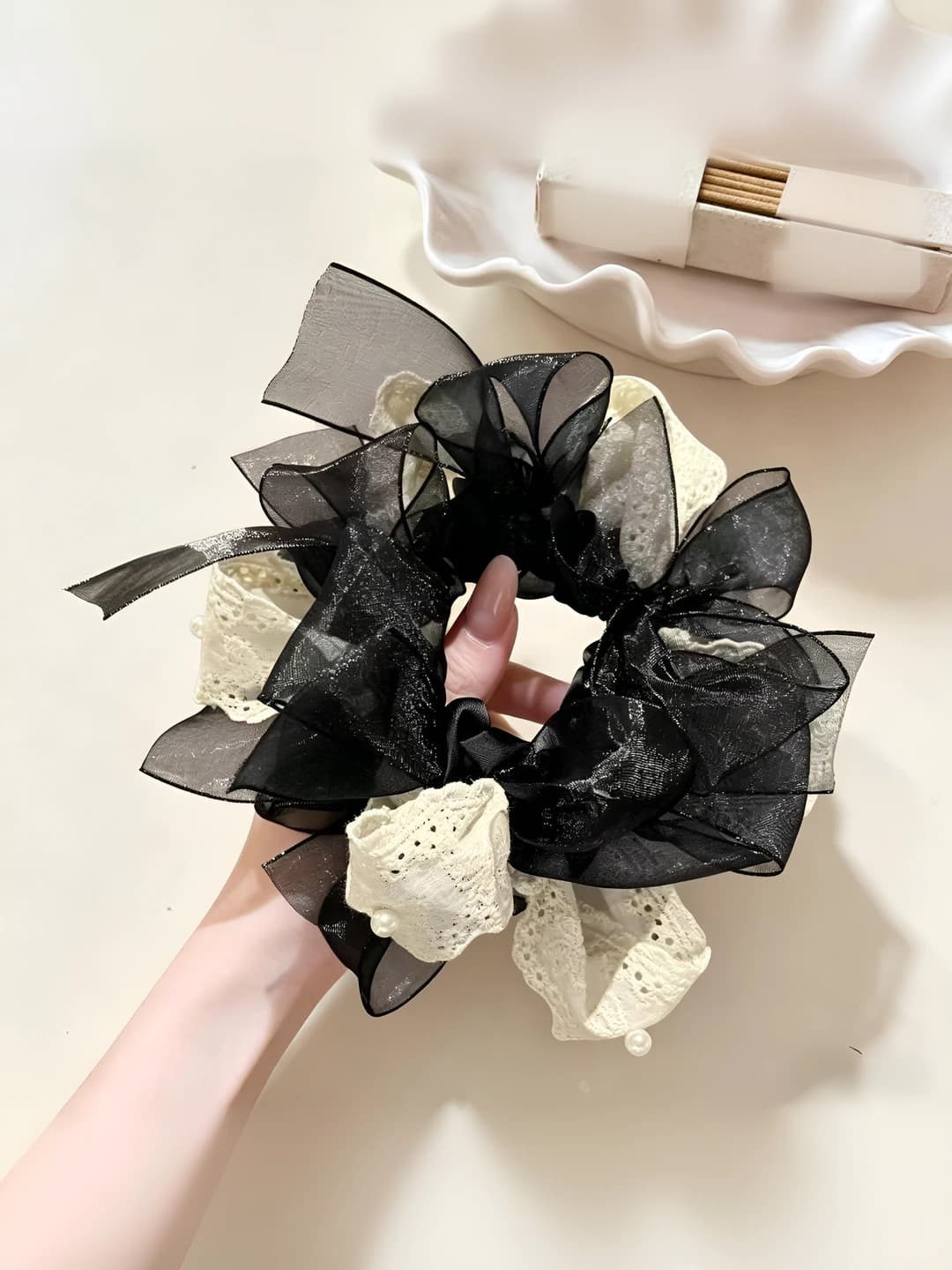 Black lace bow hair tie