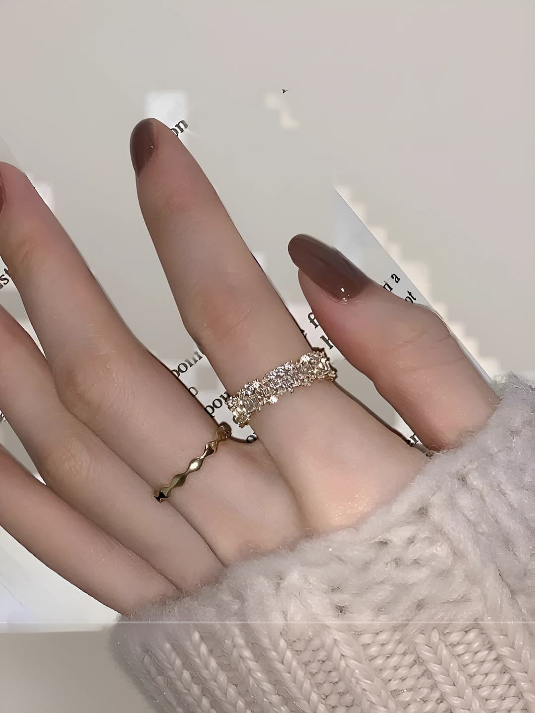 Women's open rhinestone ring, design element: diamond and geometric shape, electroplated, patterned