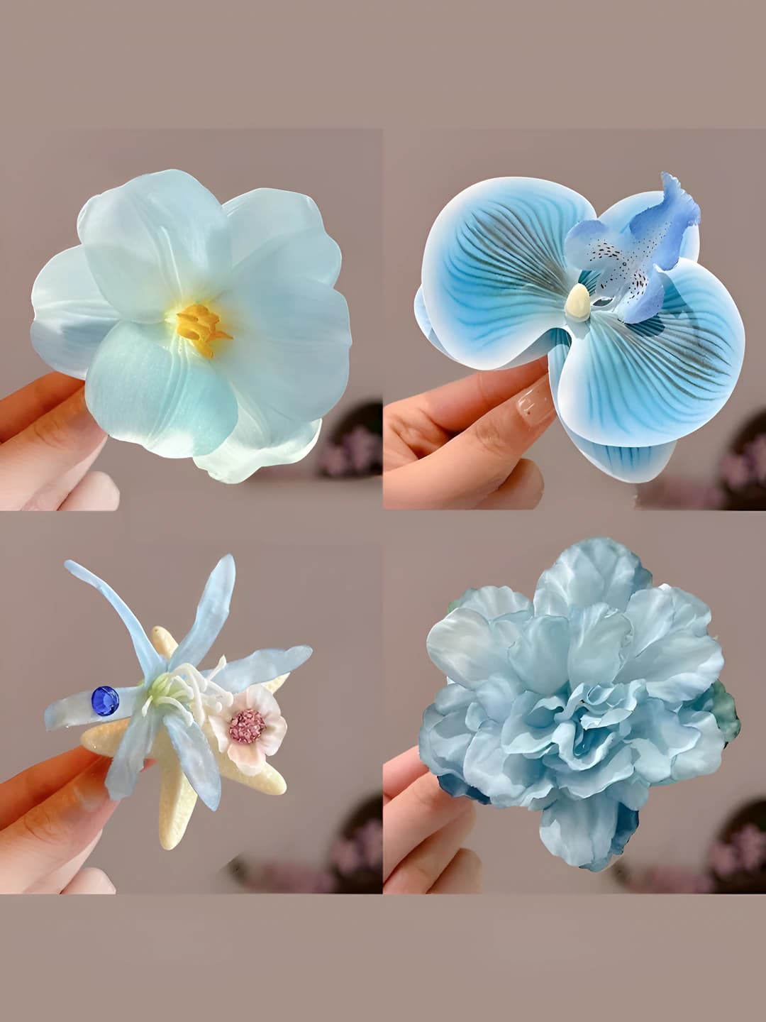 Women's hair clips and combs: blue artificial flowers, for side, kids style
