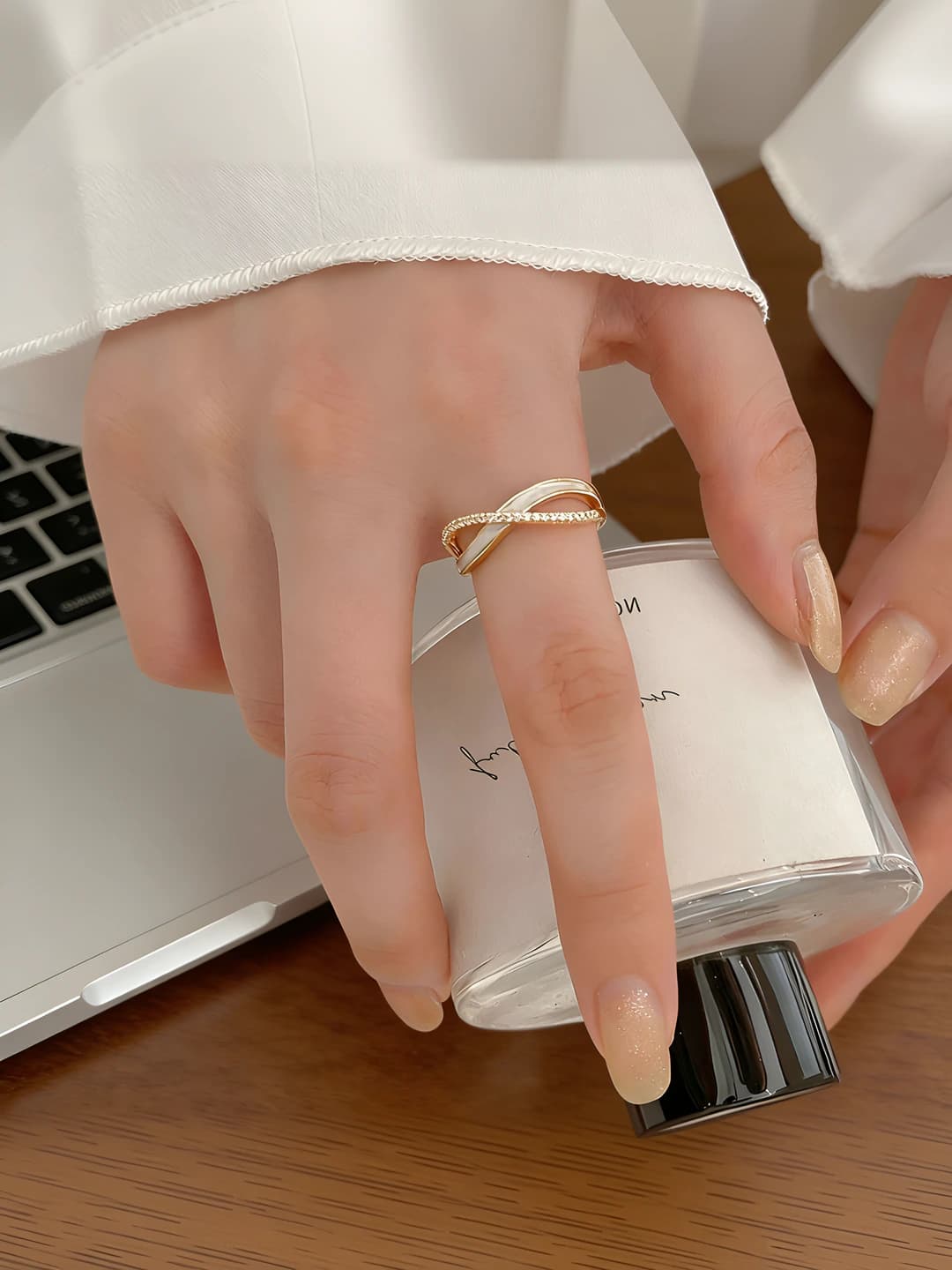 Women's silver French style shell open adjustable ring