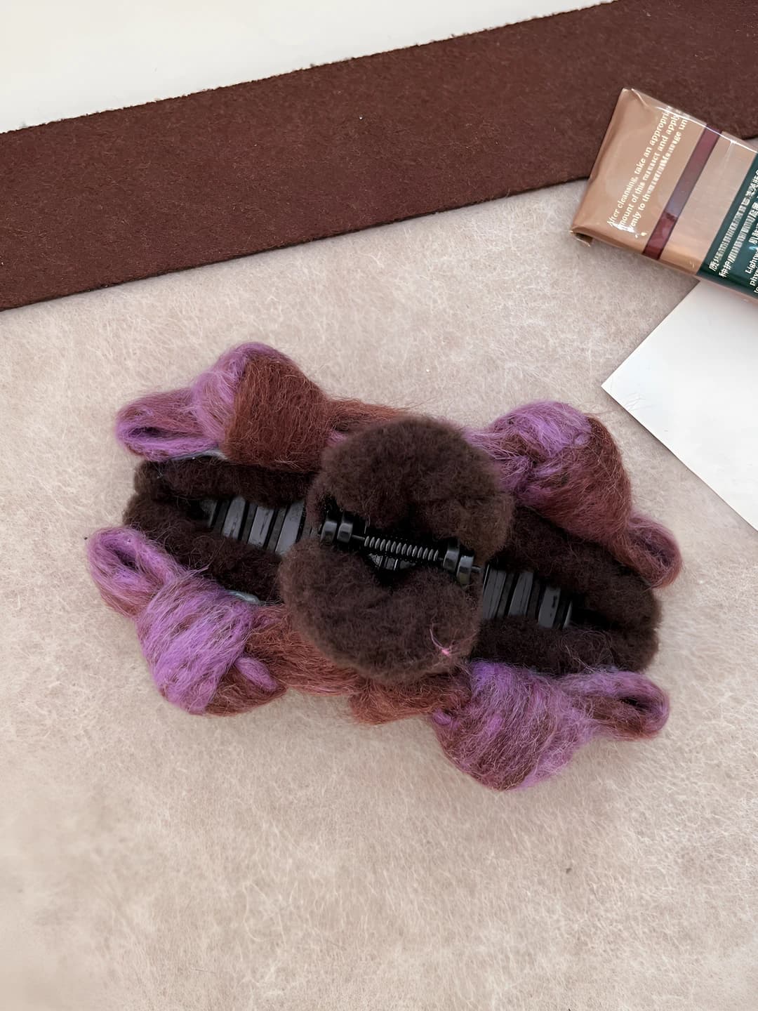 Faux fur bow clip - brown-purple