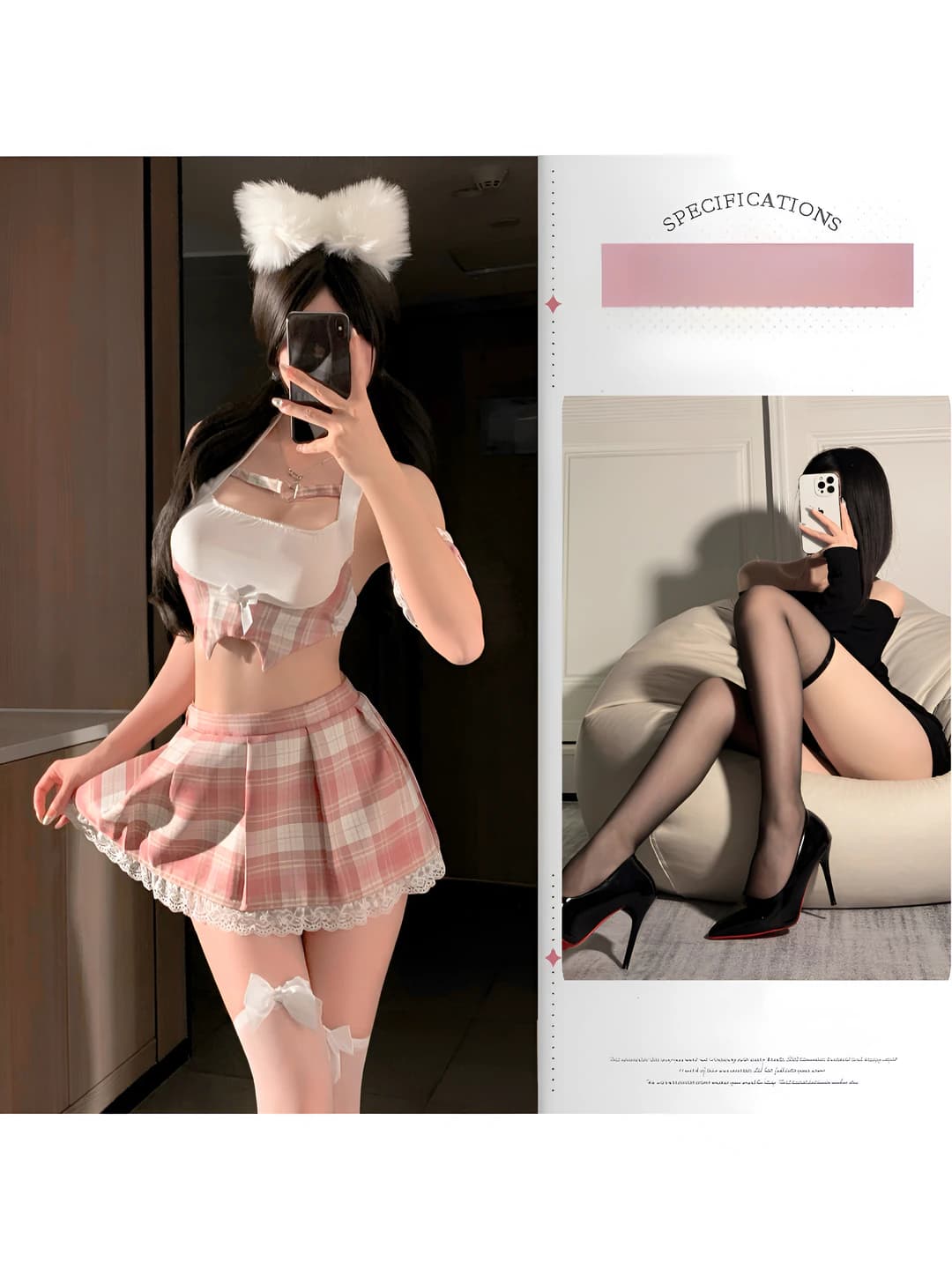Pink-white + seamless black stockings