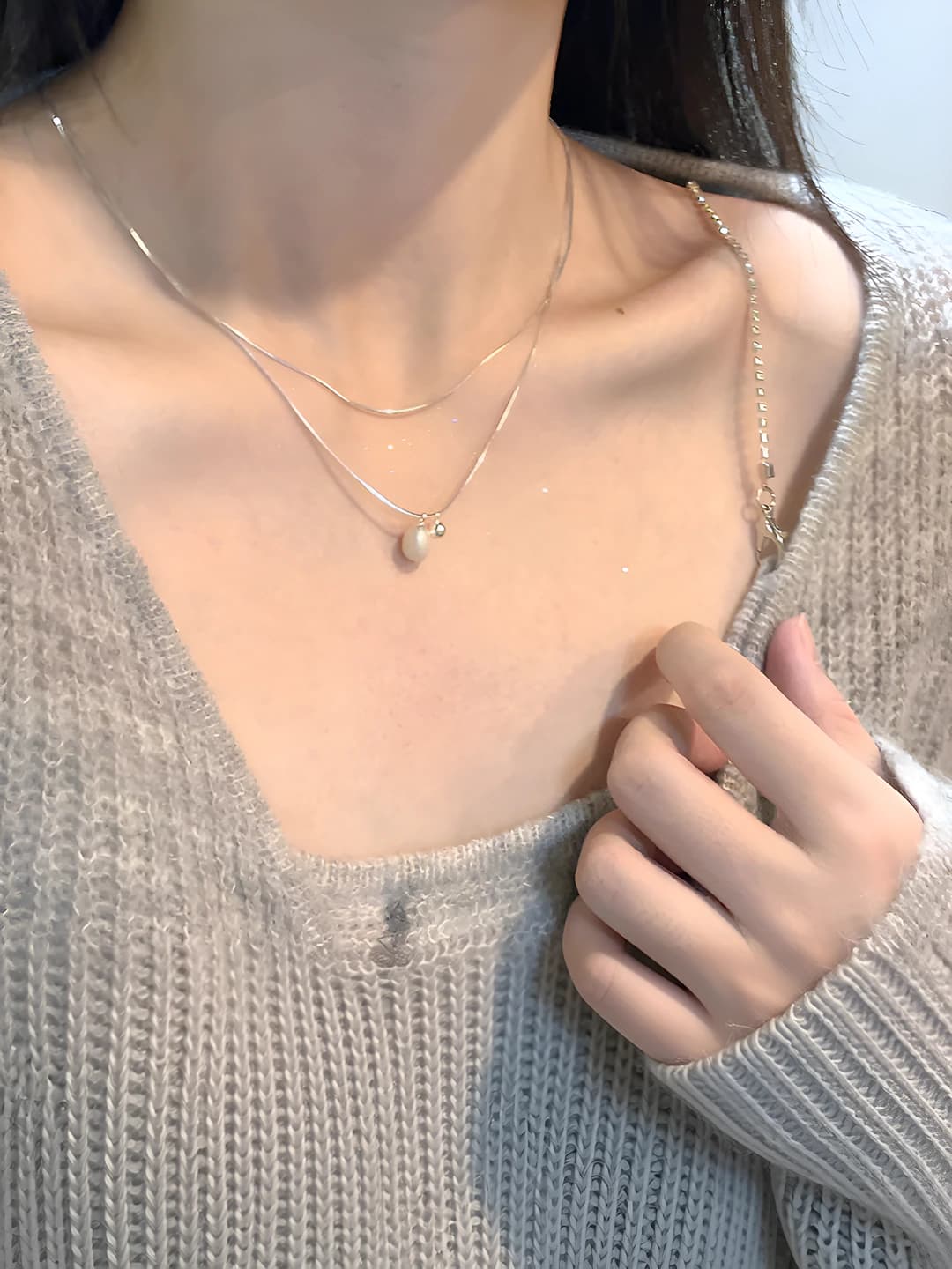Women's pearl pendant necklace: Korean style, alloy, rhinestone, 41-50 cm