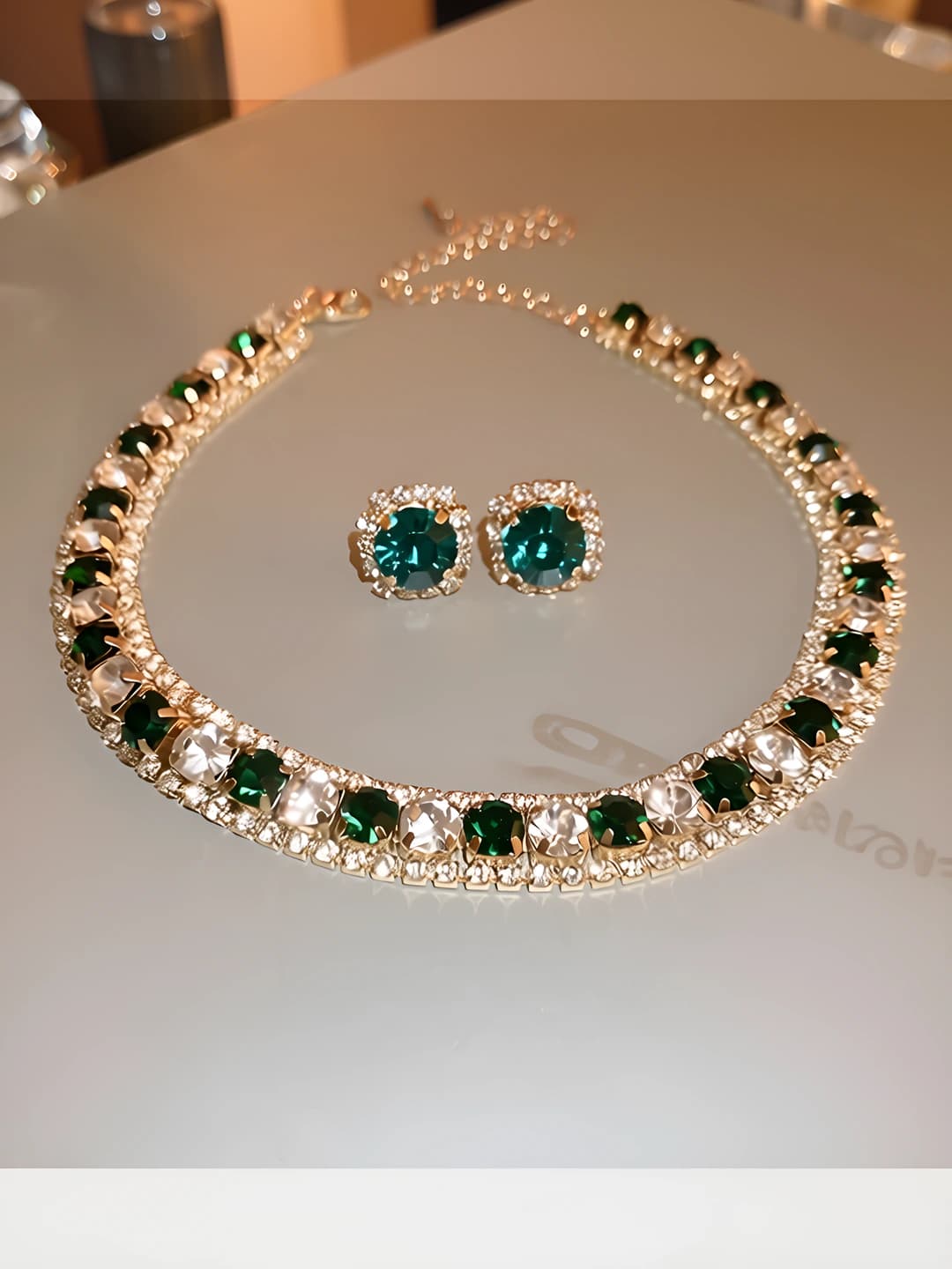 Green diamond 2-piece stud and necklace set