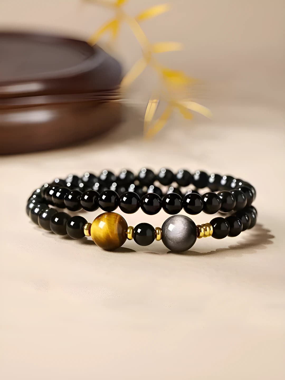 Women's double-strand natural black obsidian and tiger eye beaded bracelet, retro style, design element in Chinese style