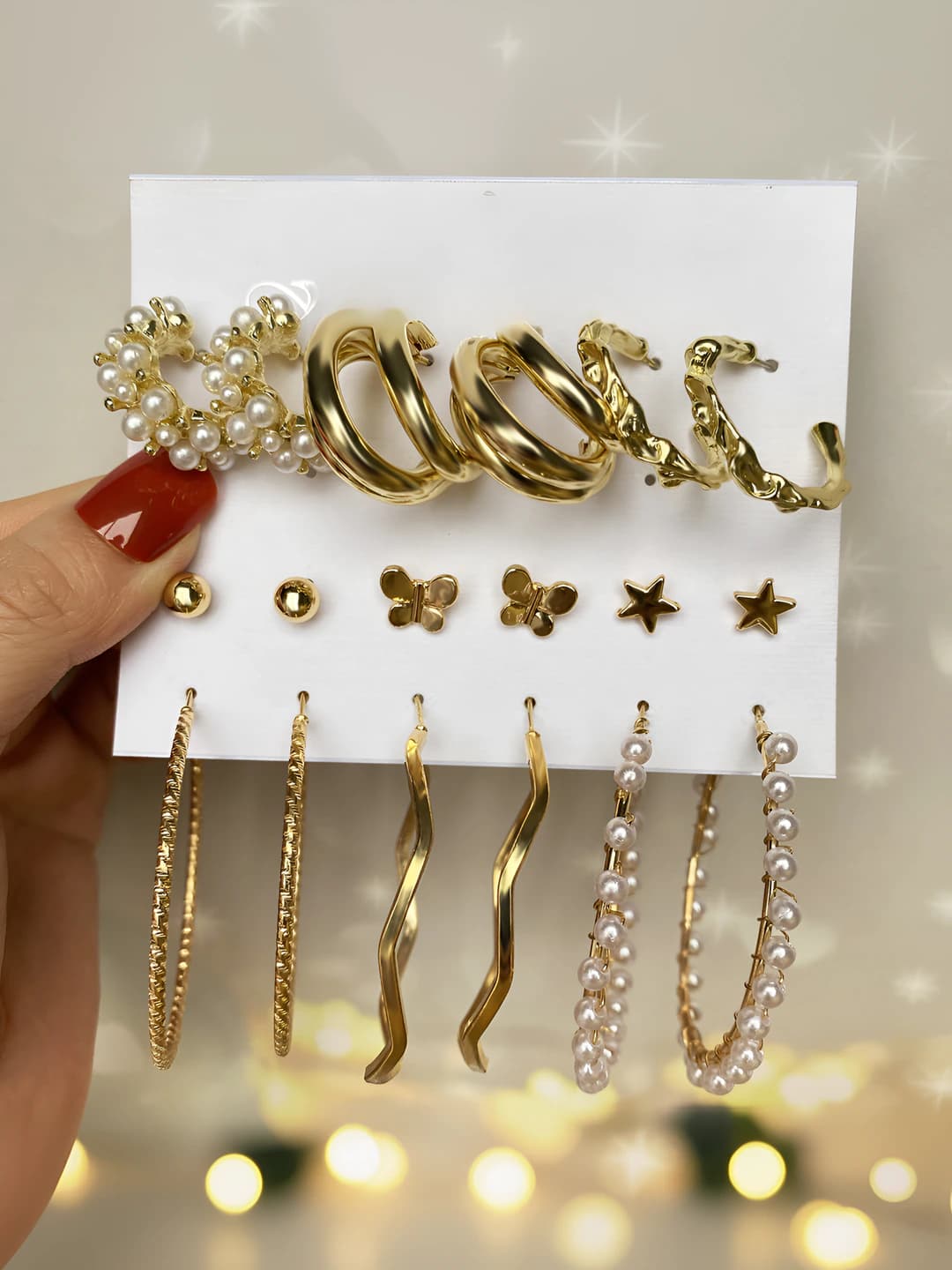 Women's retro gold geometric earrings with diamonds and pearls, 9-piece set