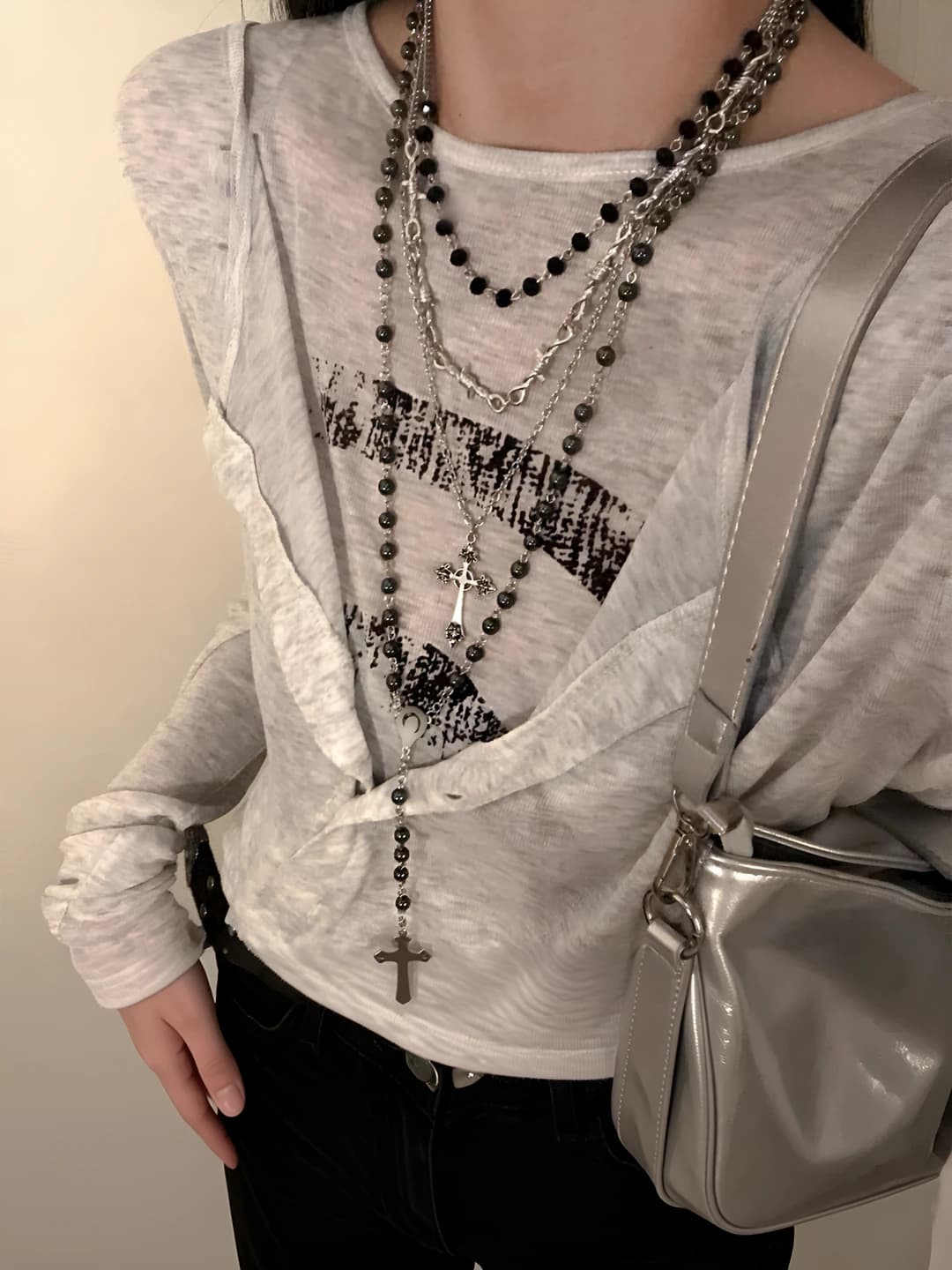 Ayollar uchun Y2K gotik qatlamli marjon, xoch kulon, shirin-ko'k uslub, uzun sviter zanjiri