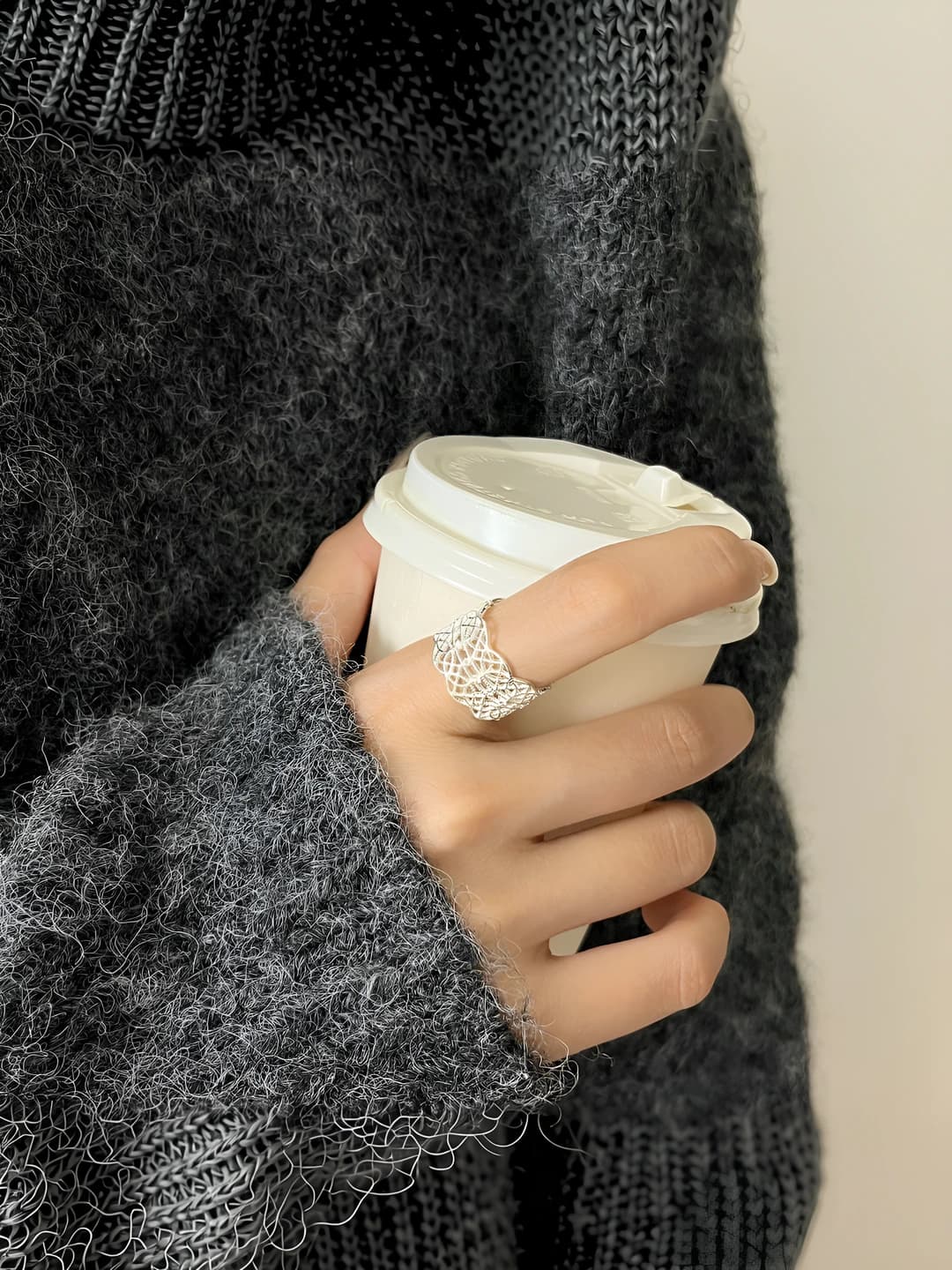 Women's pure silver retro lace ring with adjustable open design