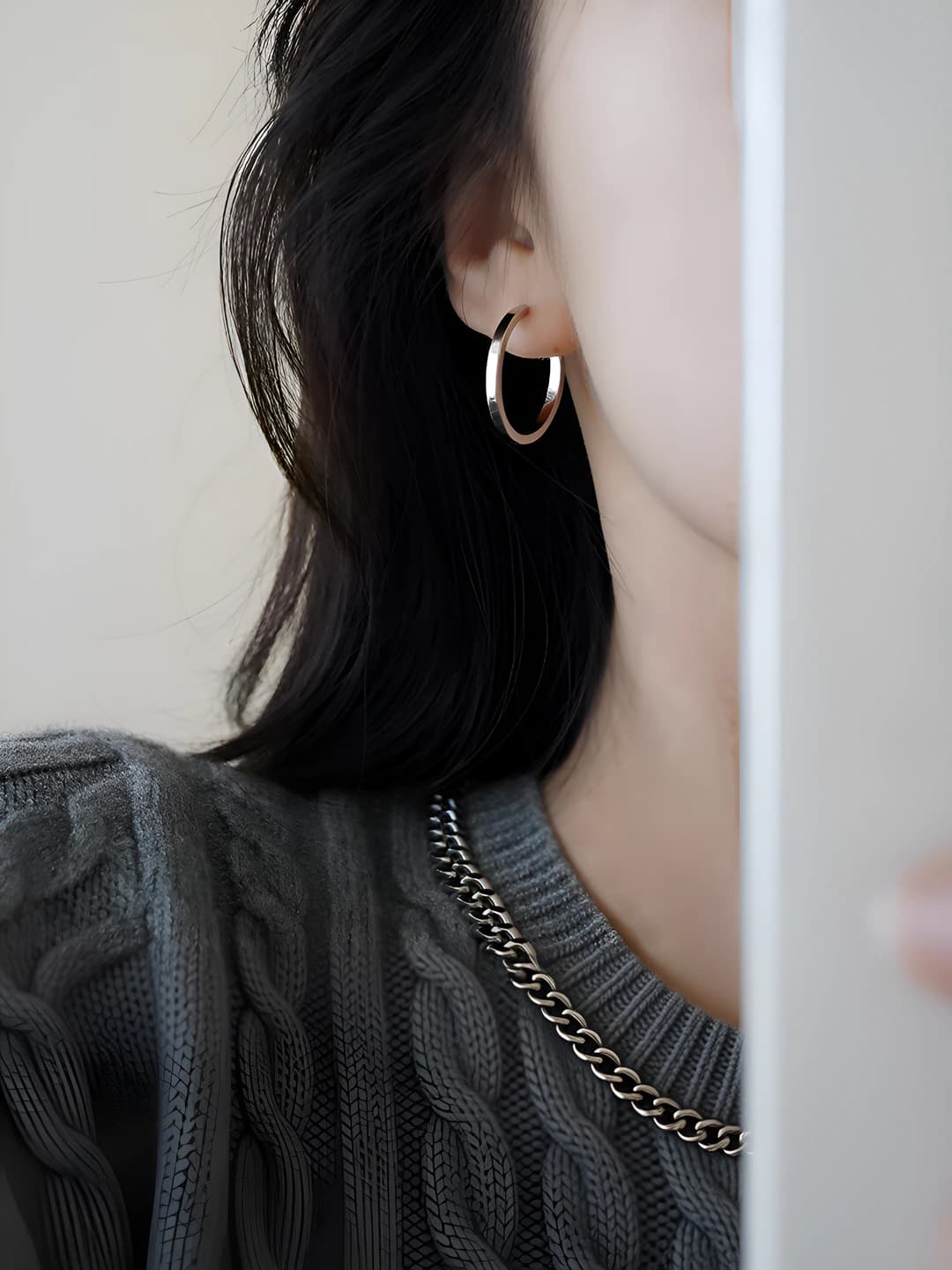 Women's copper hoop earrings with geometric design element in Korean style