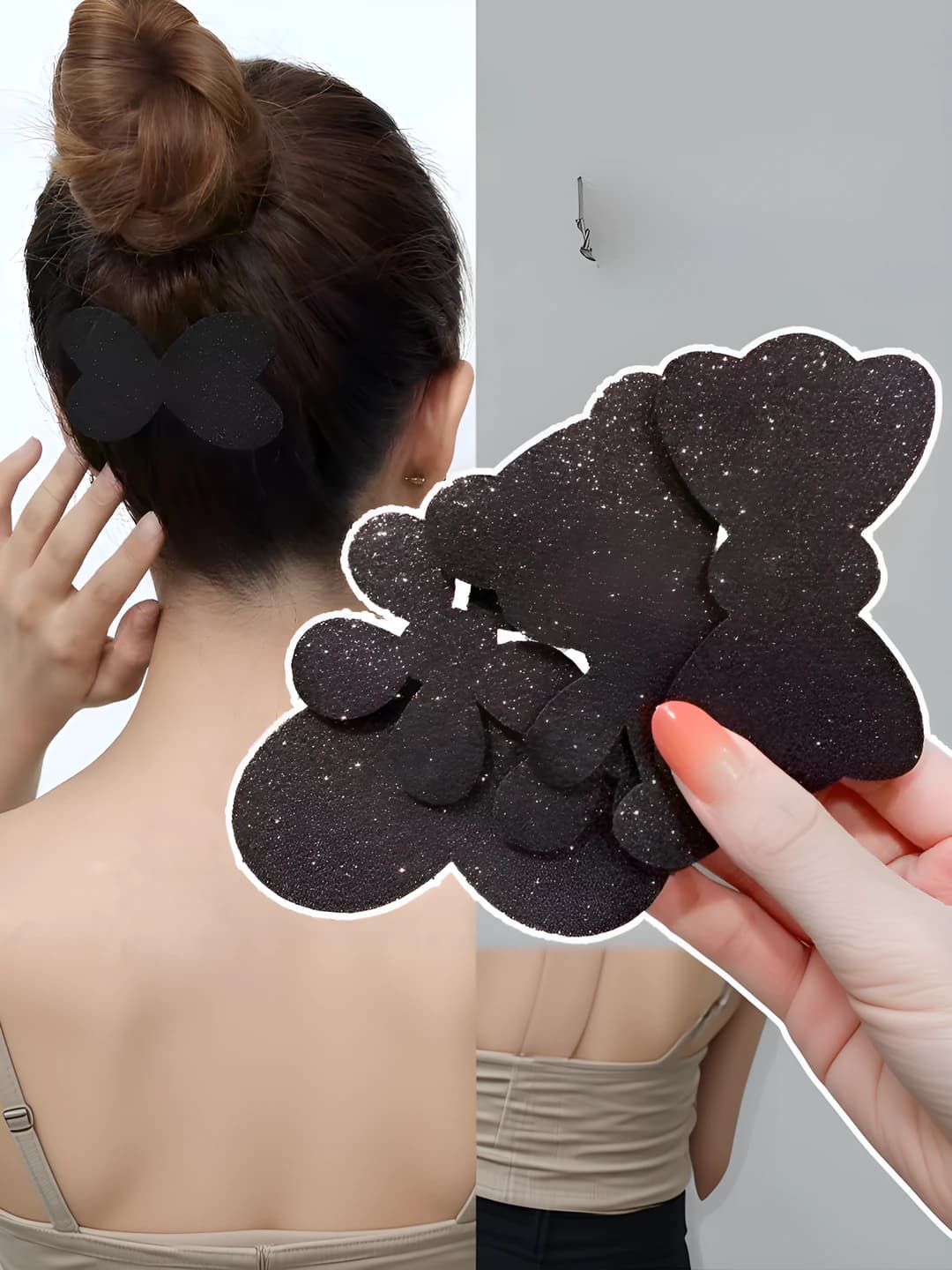 Women's hair clips and combs: adhesive hair patch made of nylon, handmade, geometric shape, pattern with flowers and hearts, Korean style, simple, black